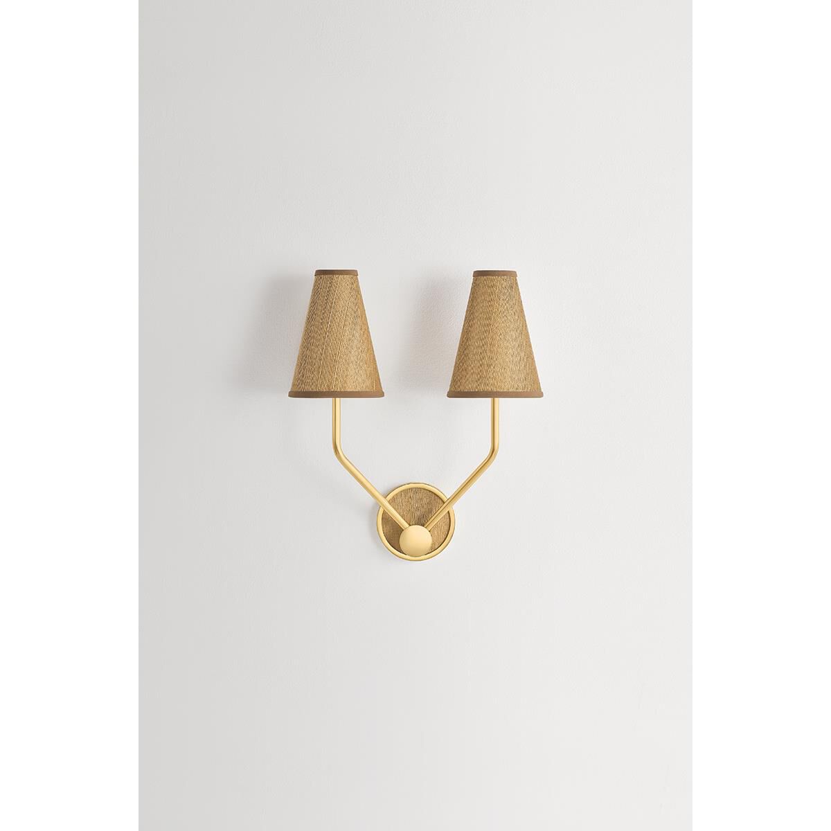 Shown in Aged Brass finish and Natural Woven Natural Grasscloth shade