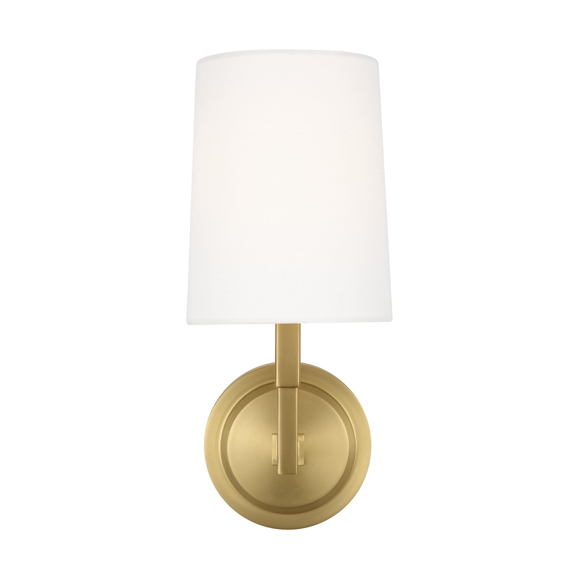 Shown in Burnished Brass finish and White Linen shade