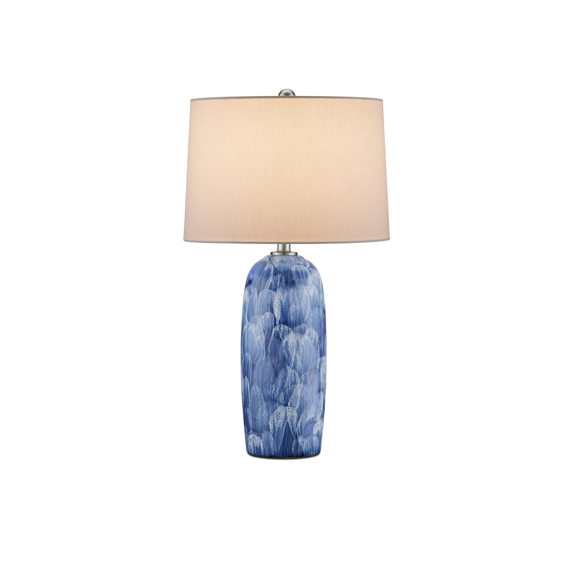 Shown in Blue/White/Brushed Nickel finish and Off-White Linen shade