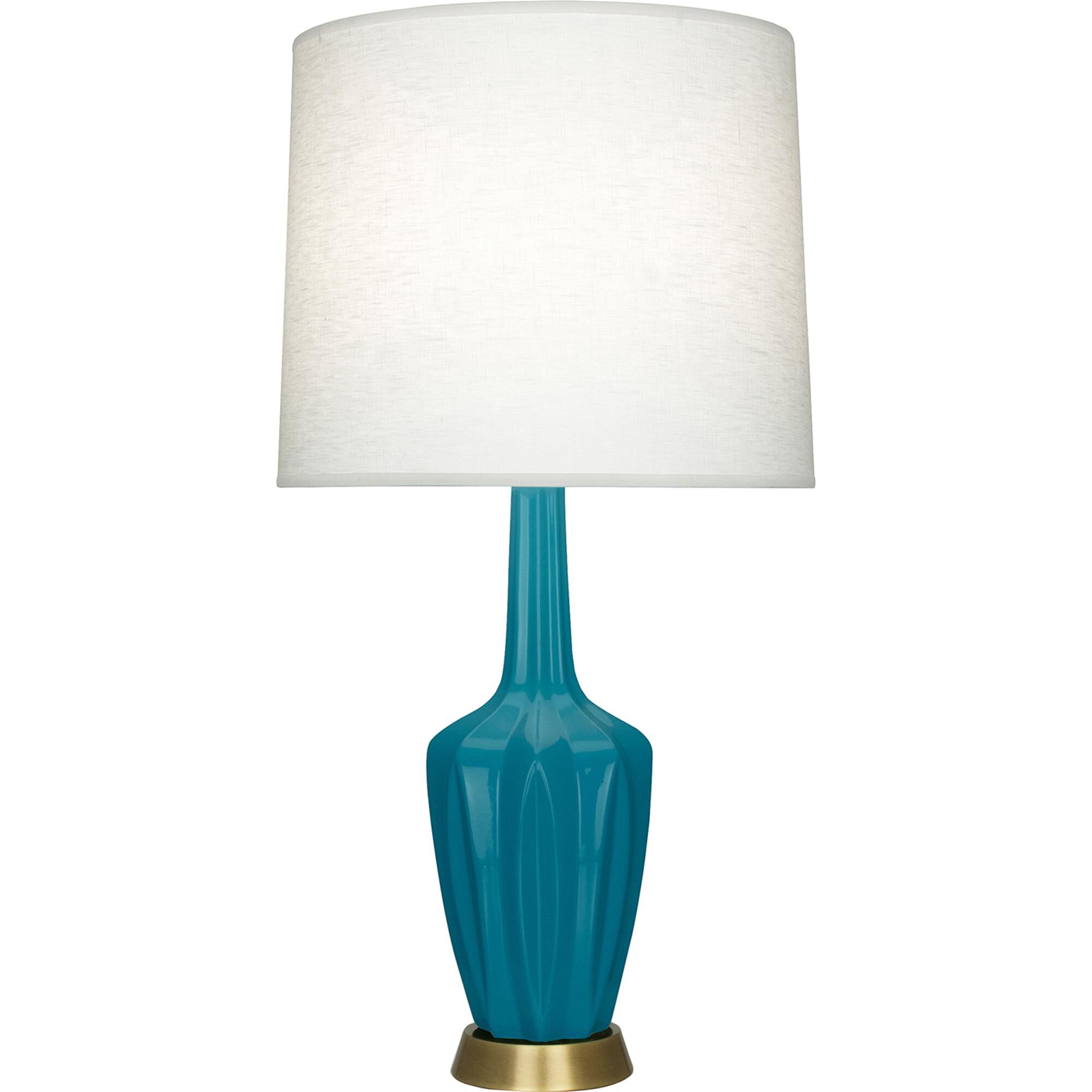 Shown in Peacock finish and Off White shade and Warm Brass accent