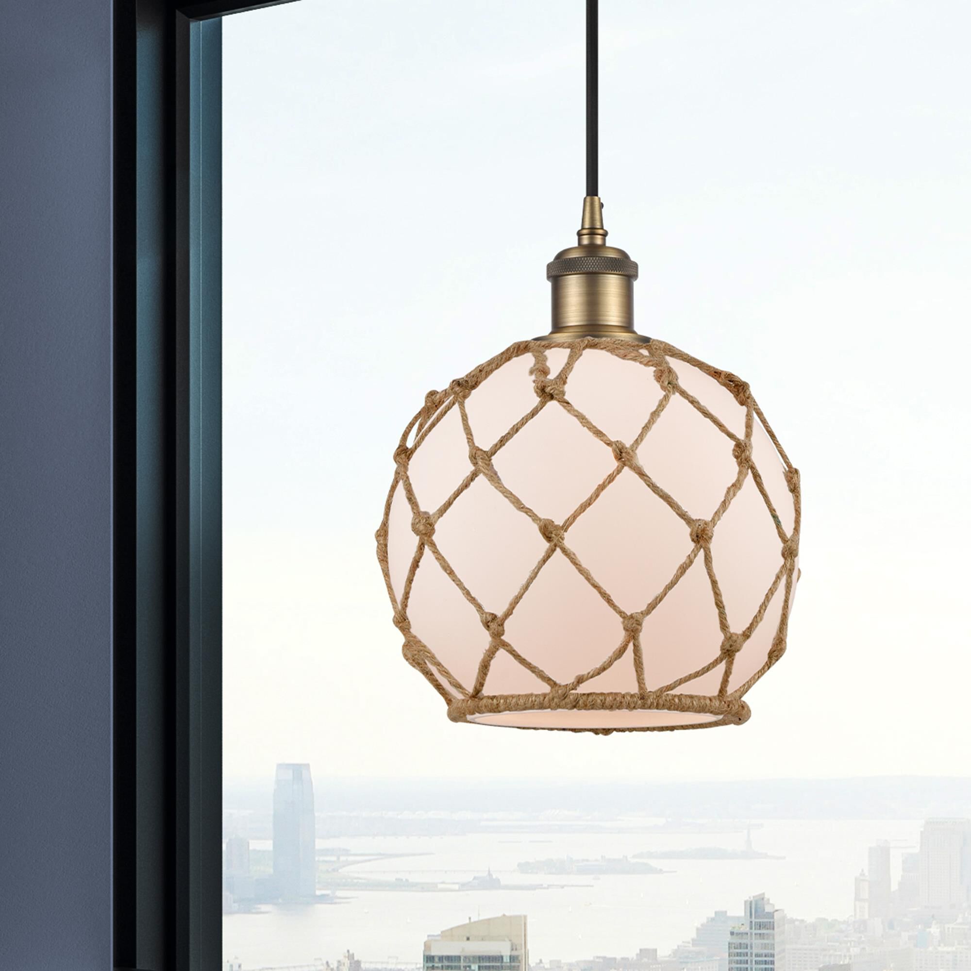 Shown in Brushed Brass finish and White Farmhousewith Brown Rope glass and Polished Chrome accent