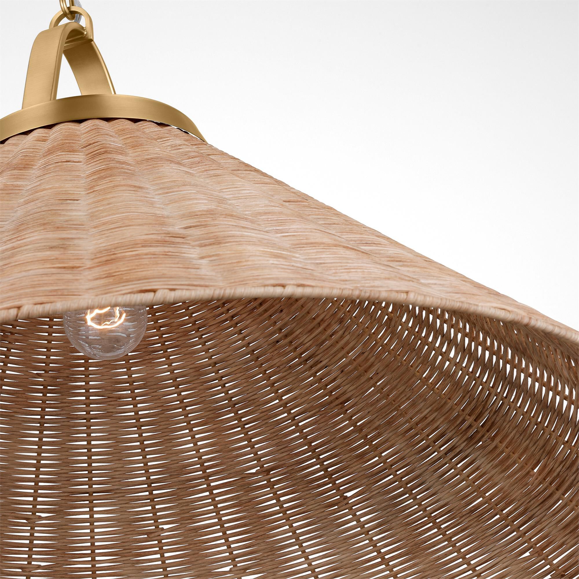 Shown in Burnished Brass finish and Blonde Rattan shade