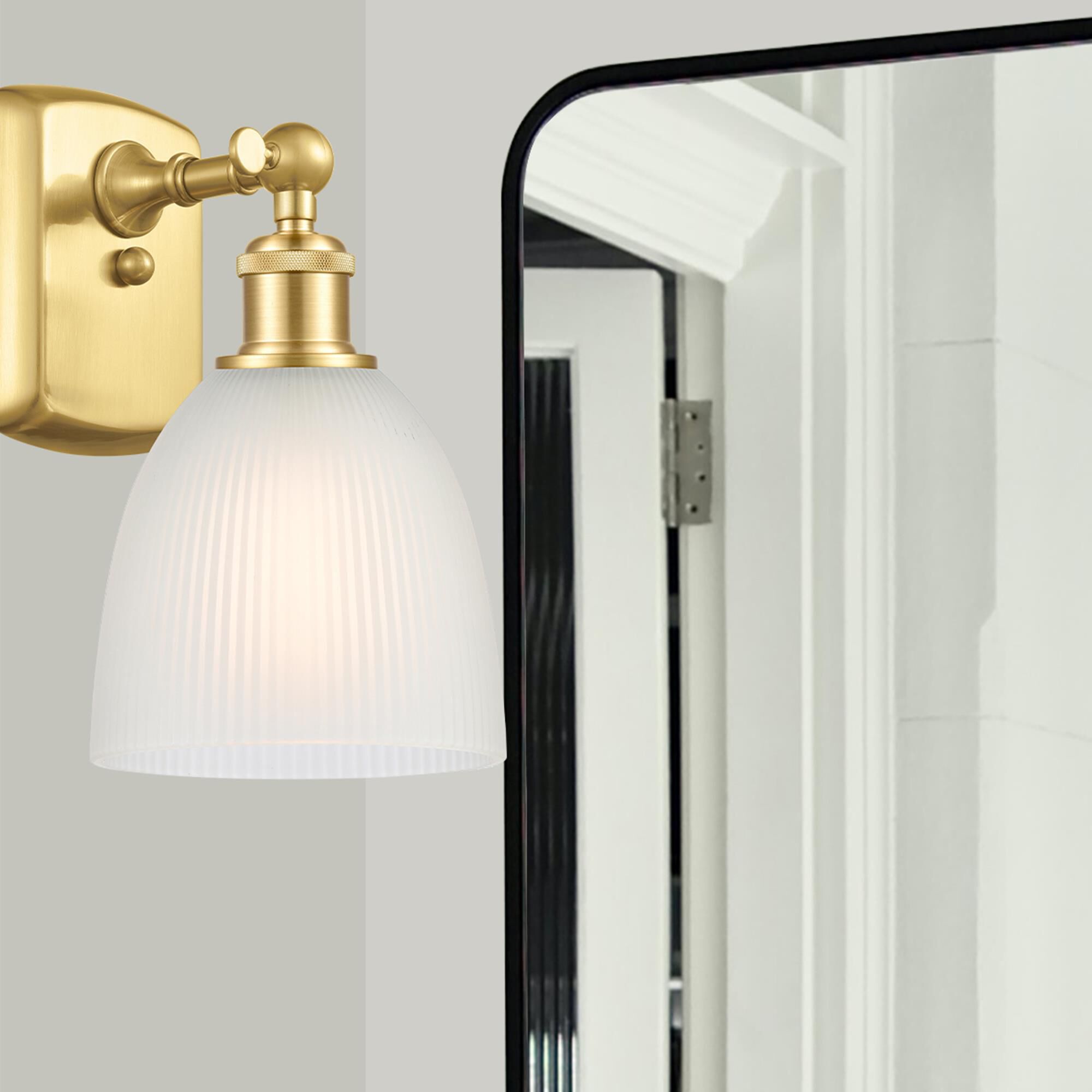 Shown in Satin Gold finish and White Castile glass and Polished Chrome accent