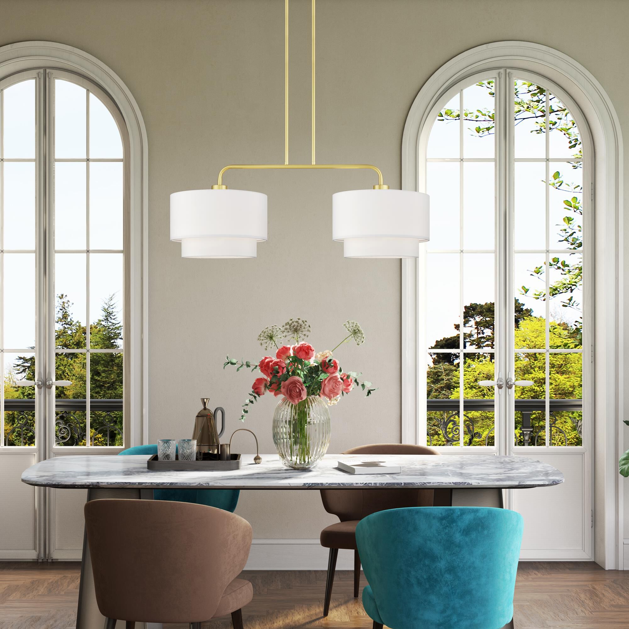 Shown in Soft Gold finish and Hand Crafted Off-White Fabric Hardbacks with White Fabric Inside shade