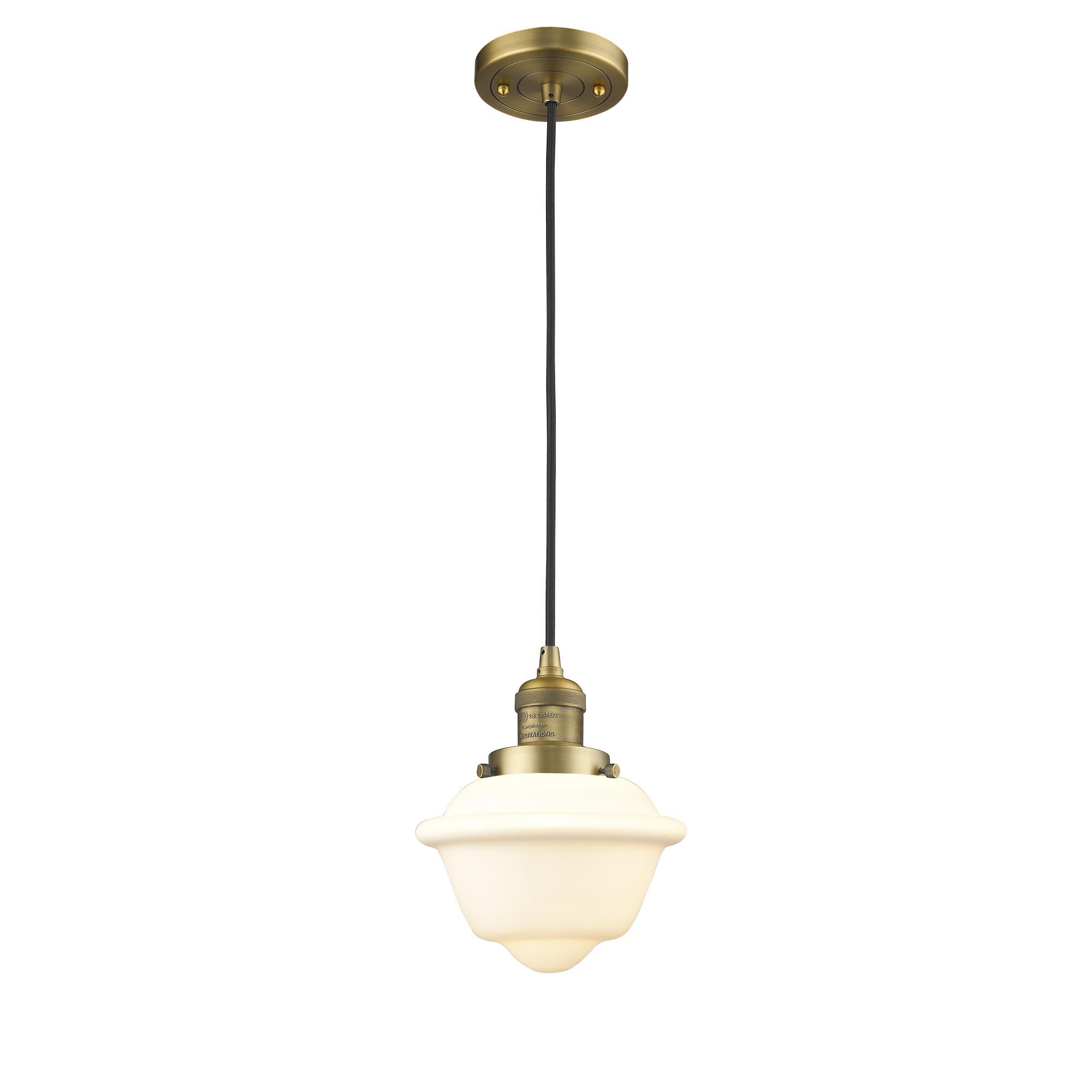 Shown in Brushed Brass finish and Matte White Cased glass