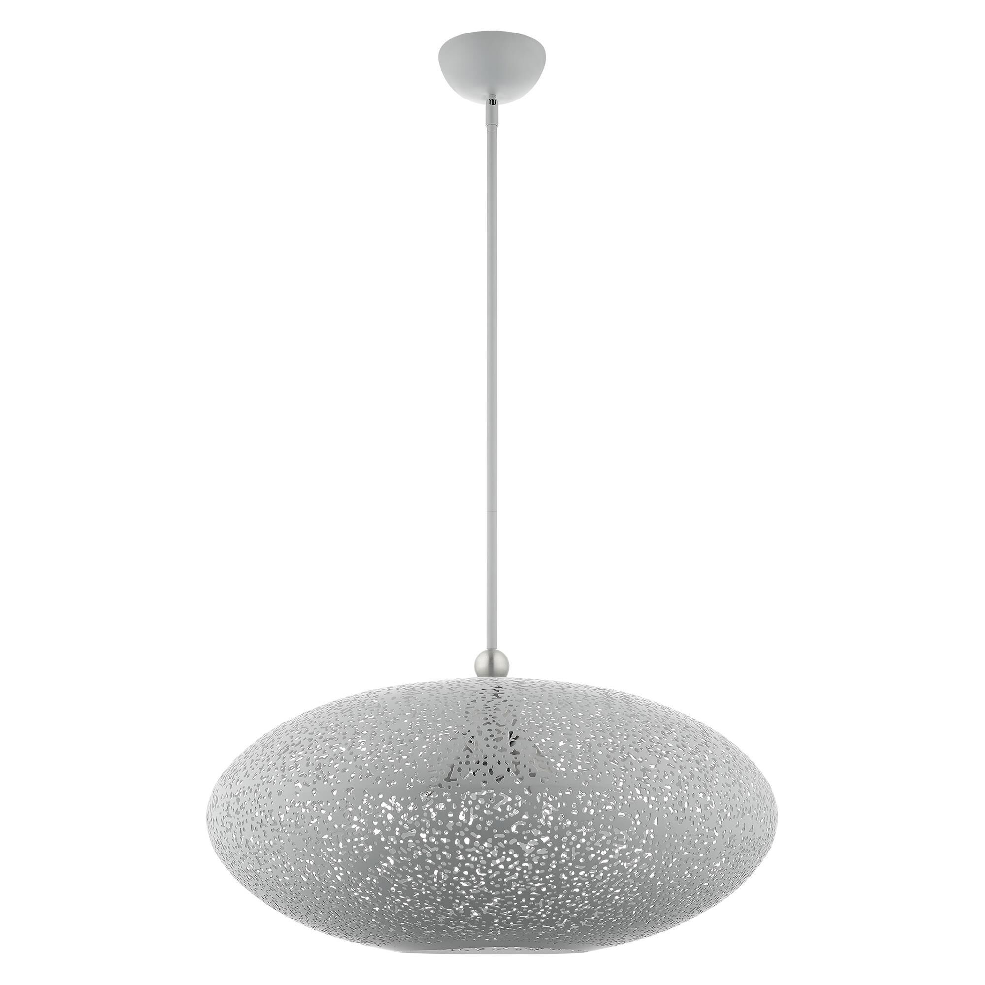 Shown in Nordic Gray With Brushed Nickel Accents finish and Nordic Gray Filigreed Metal Shade With White Finish Inside glass and Nordic Gray Filigreed Metal  With White Finish Inside shade