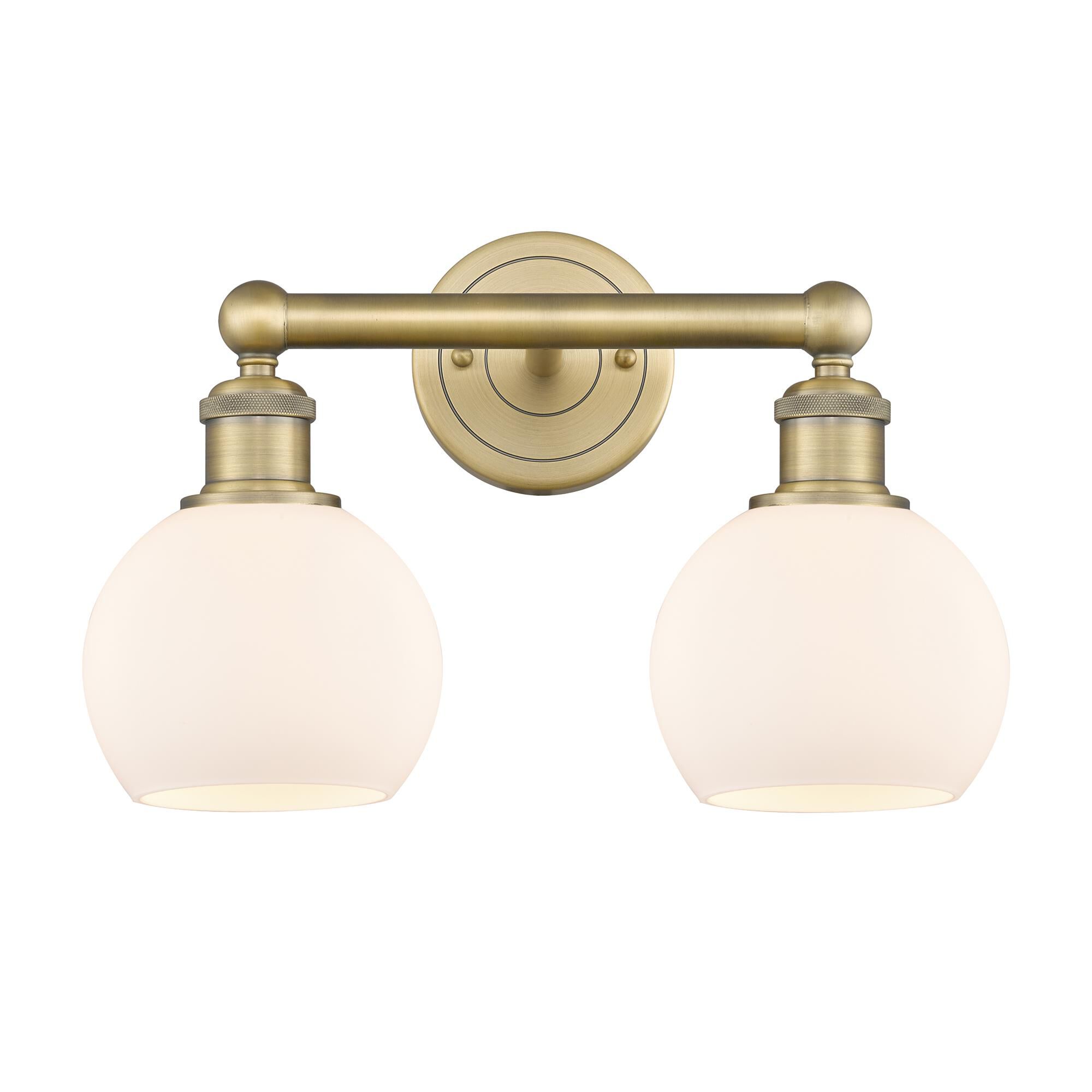 Shown in Brushed Brass finish and Matte White glass