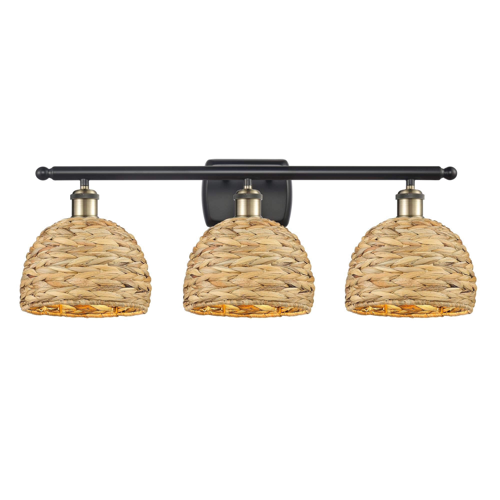 Shown in Black Antique Brass finish and Natural shade