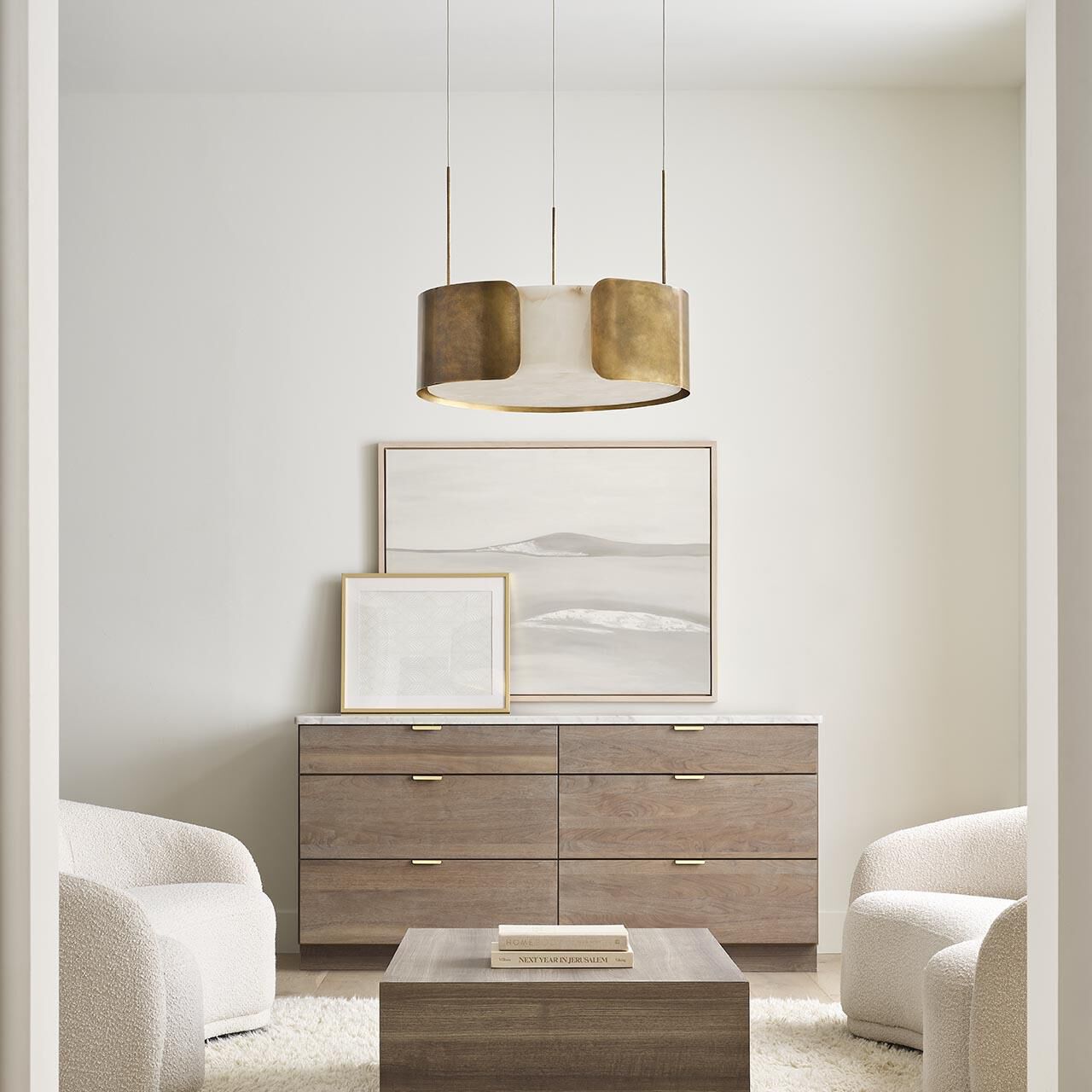 Shown in Mottled Brass finish and Alabaster shade