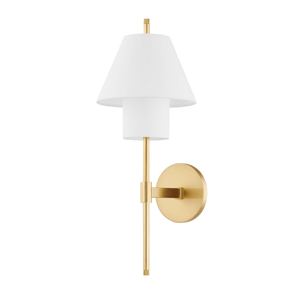 Shown in Aged Brass finish and White Belgian Linen shade