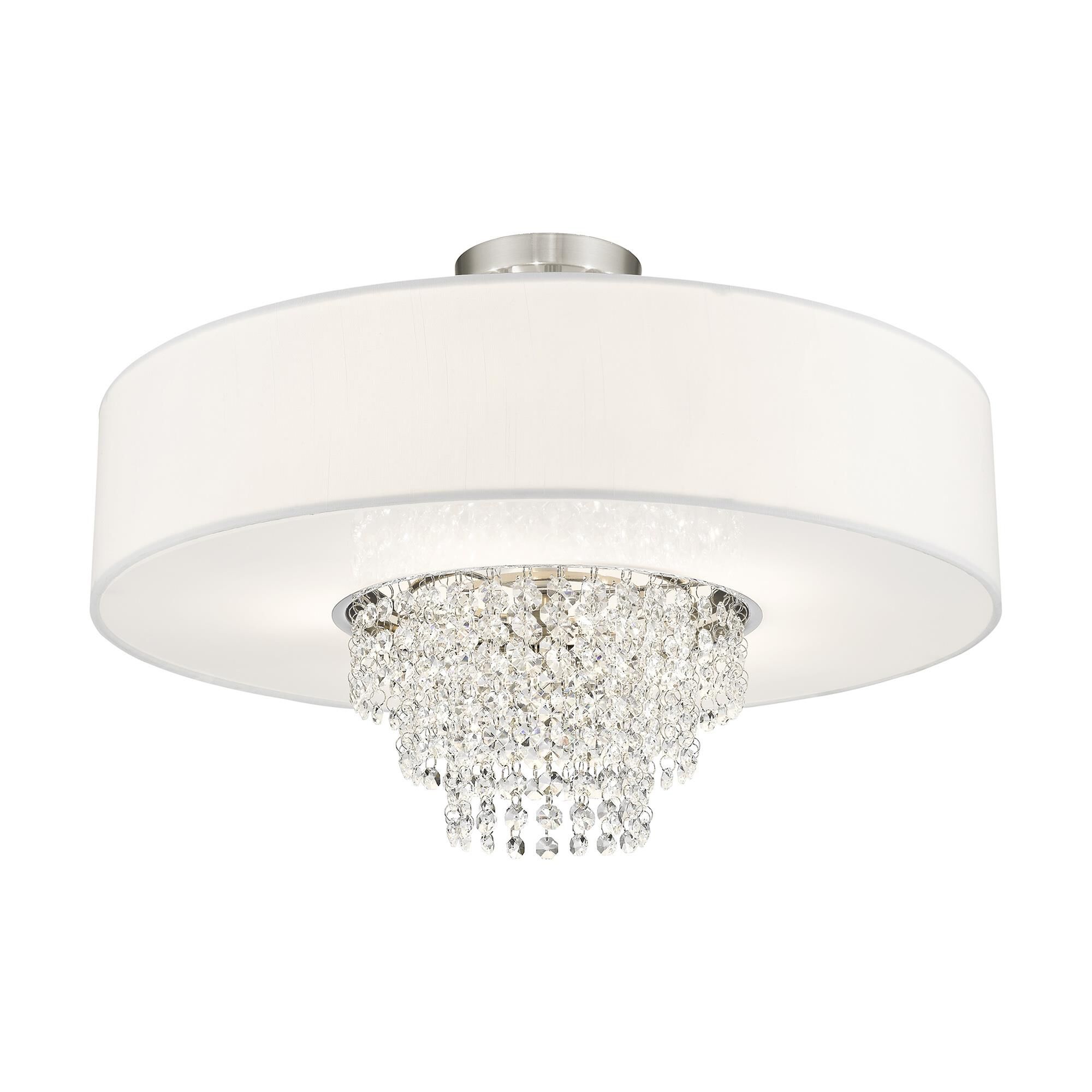 Shown in Brushed Nickel finish and Clear crystal and Off-White Sheer Organza shade
