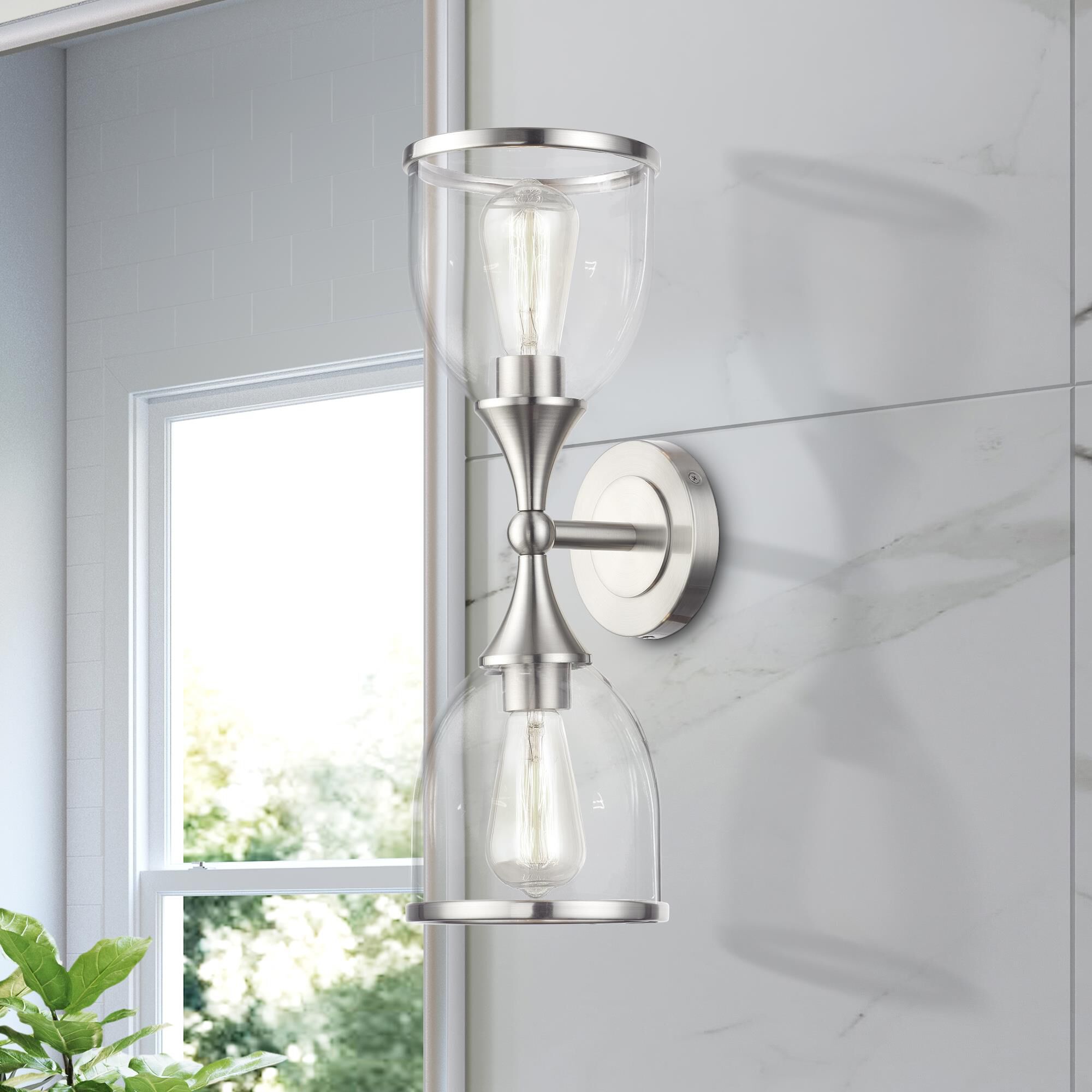 Shown in Brushed Nickel finish and Mouth Blown Clear glass