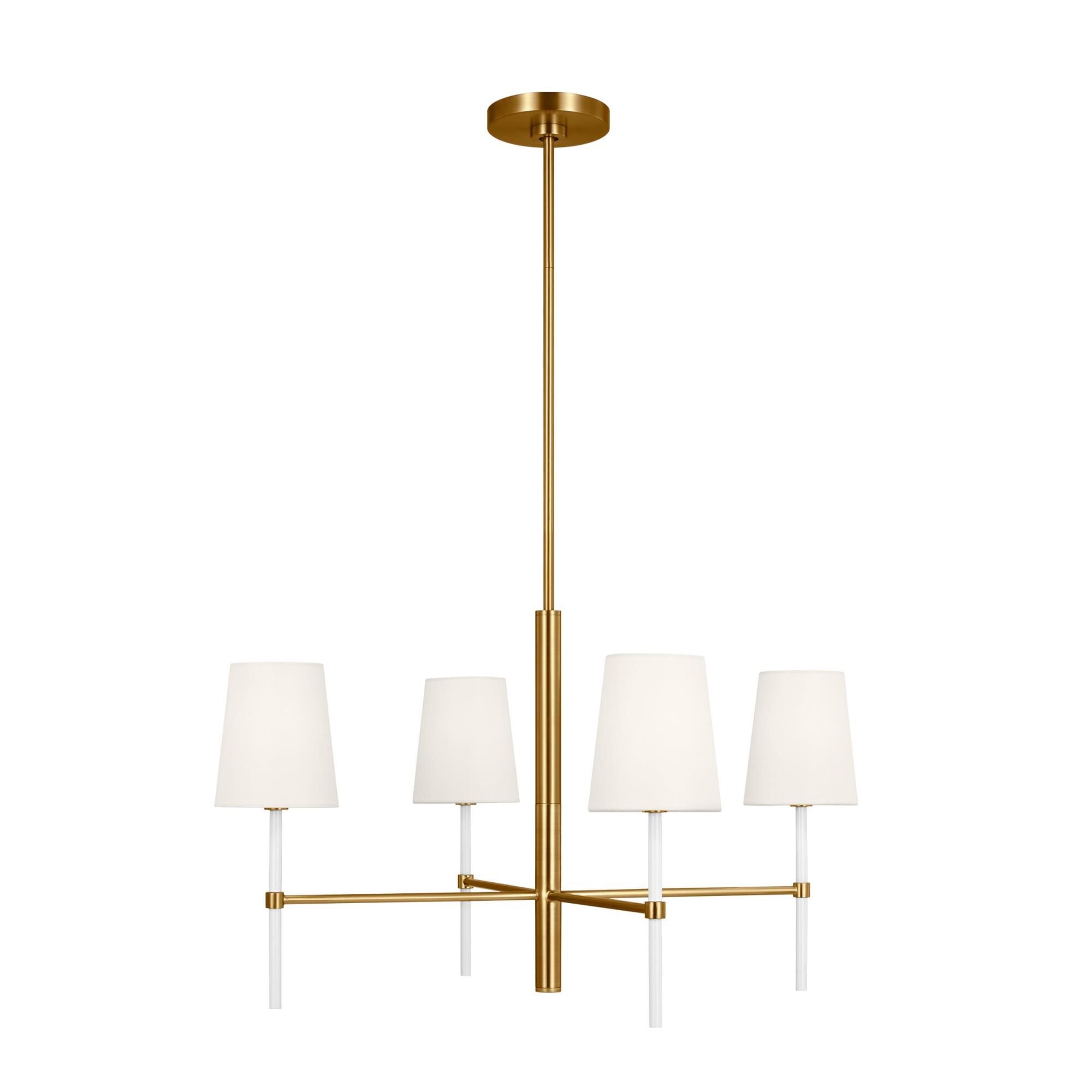Shown in Burnished Brass finish and White Linen Fabric shade