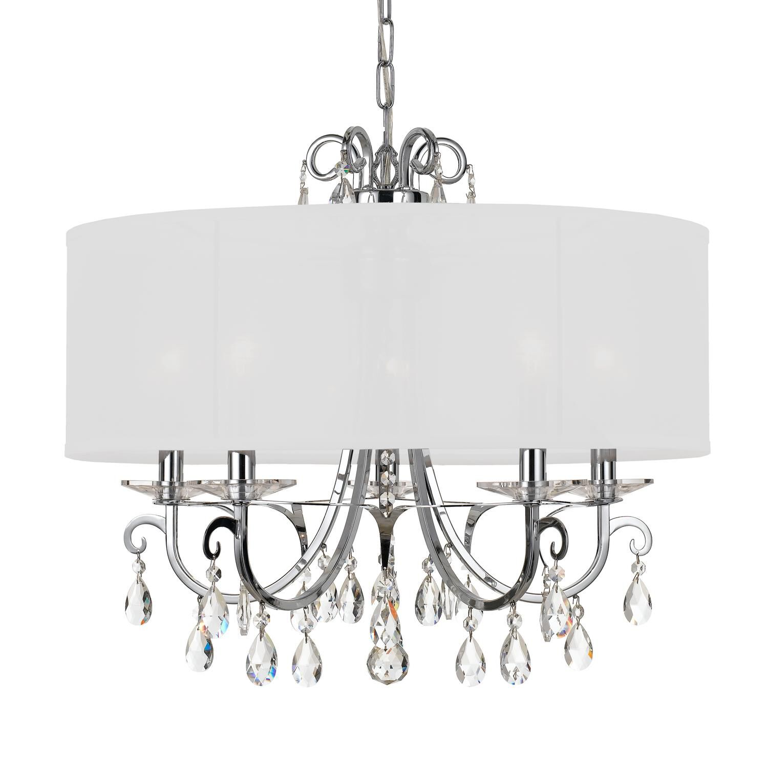 Shown in Polished Chrome finish and Clear Hand Cut crystal and White Silk glass and White Silk shade