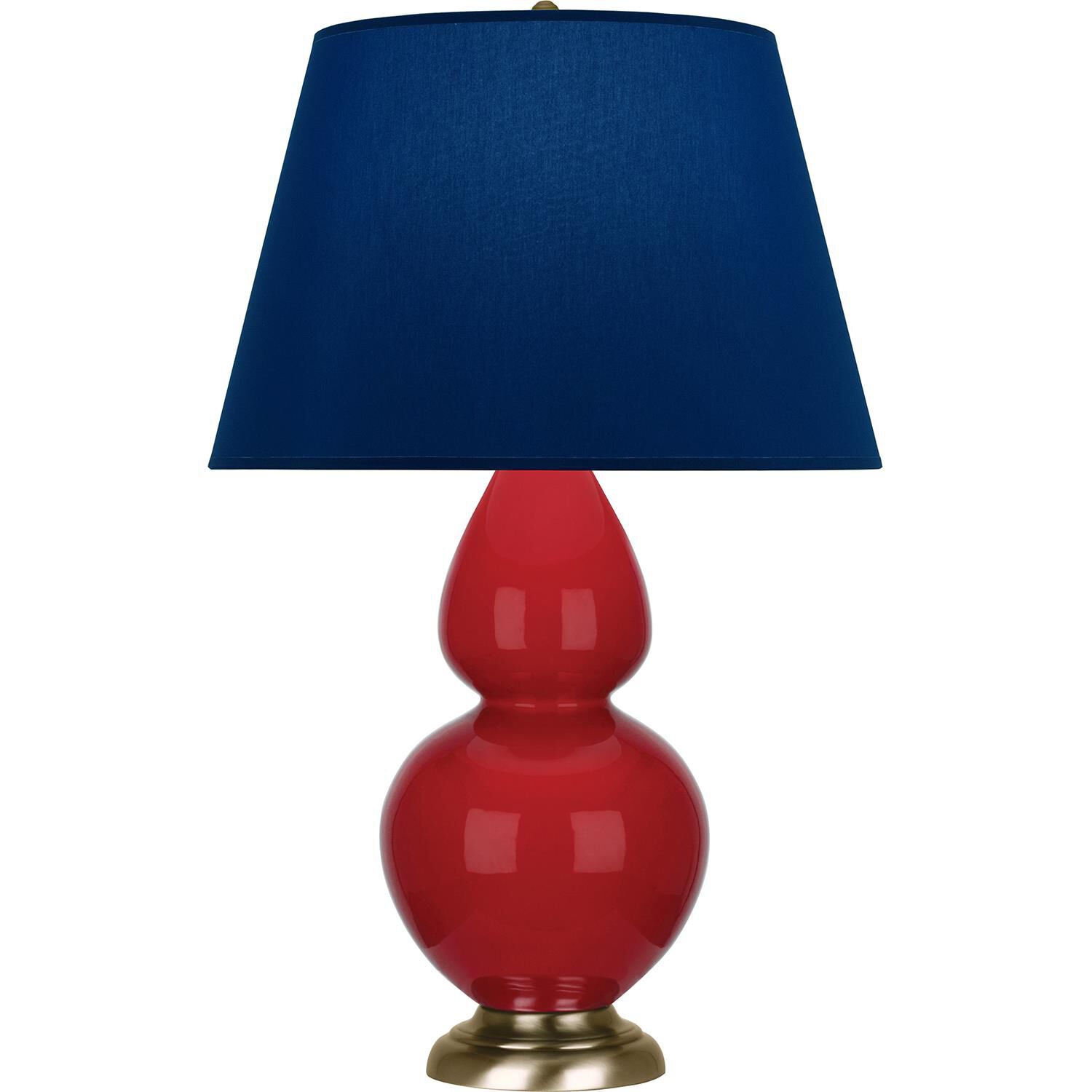 Shown in Ruby Red finish and Navy and Gray shade and Antique Brass accent