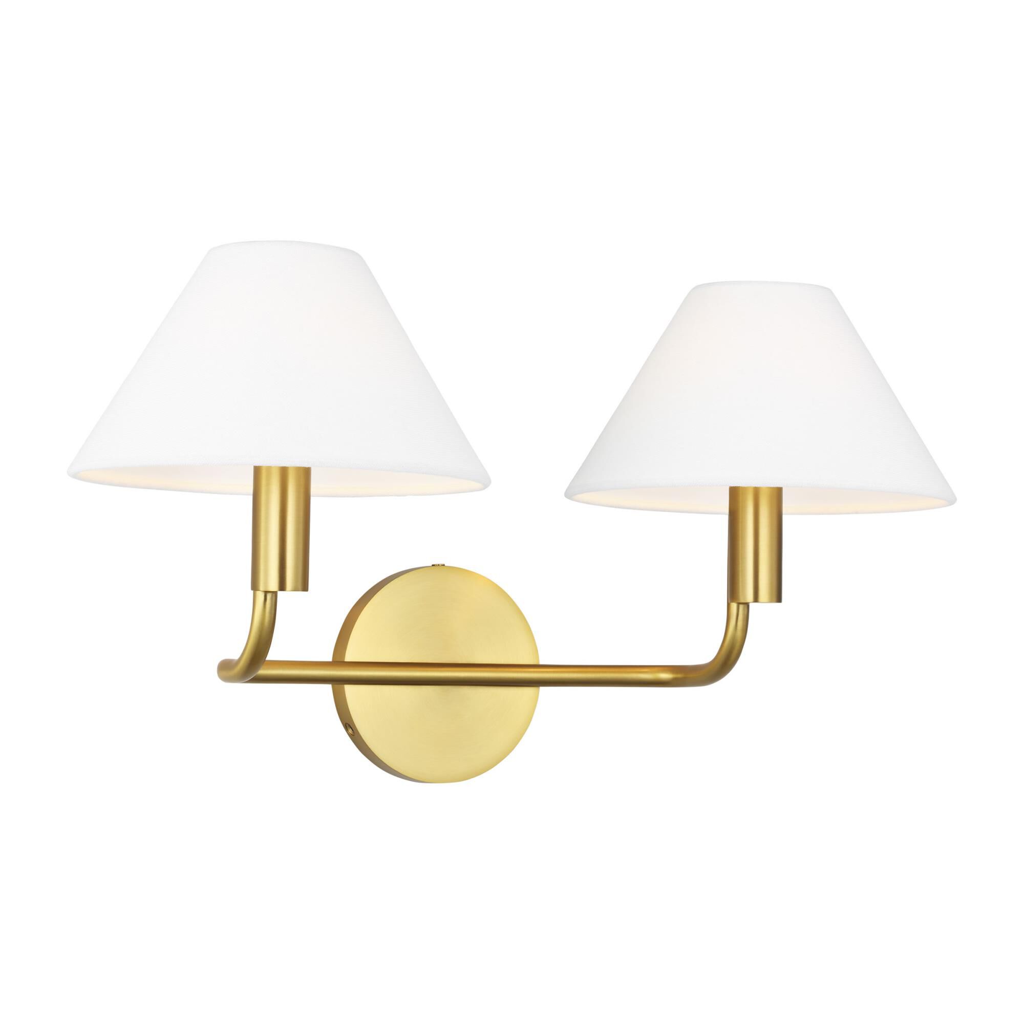 Shown in Burnished Brass finish and White Linen shade