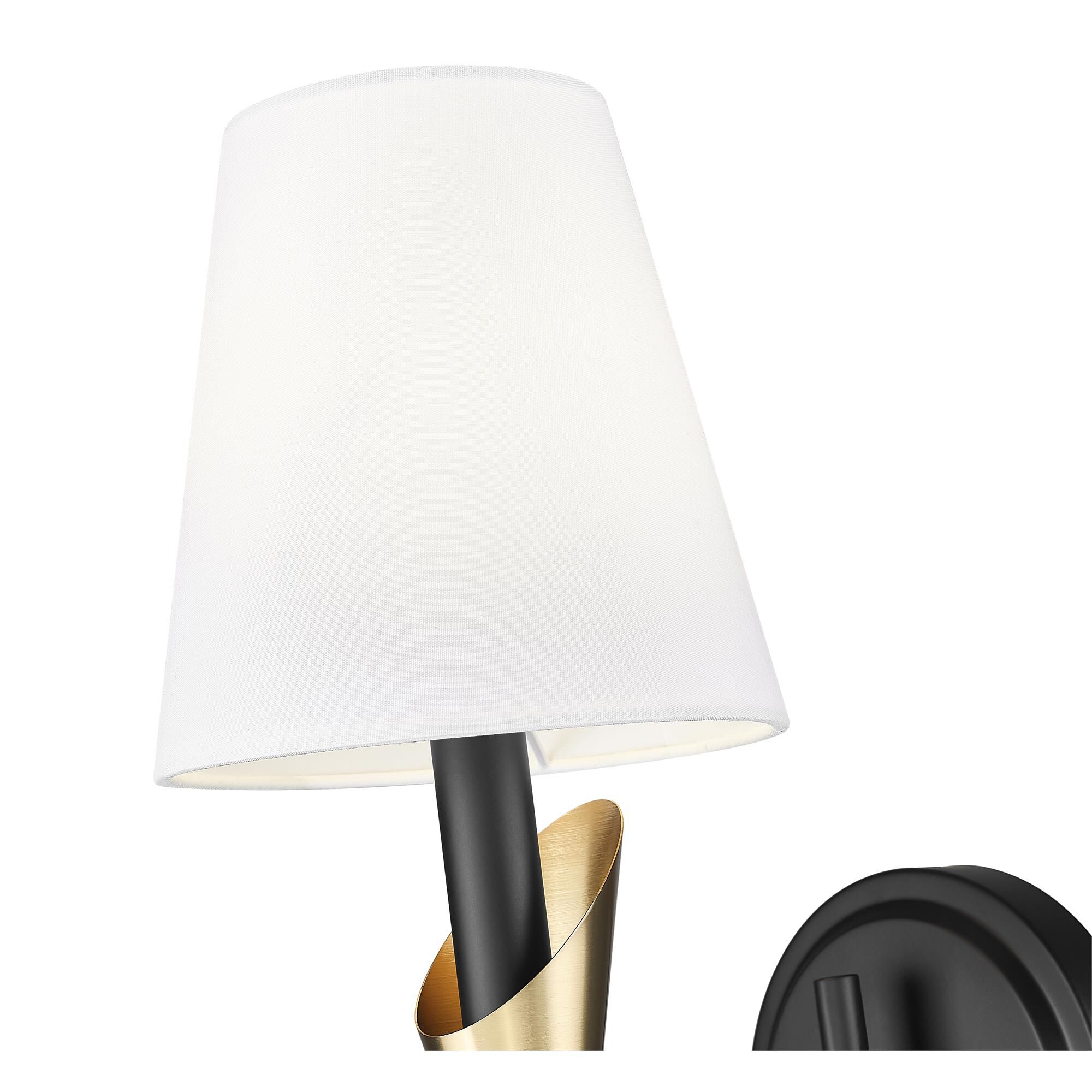 Shown in Matte Black And Modern Gold finish and White glass and White shade