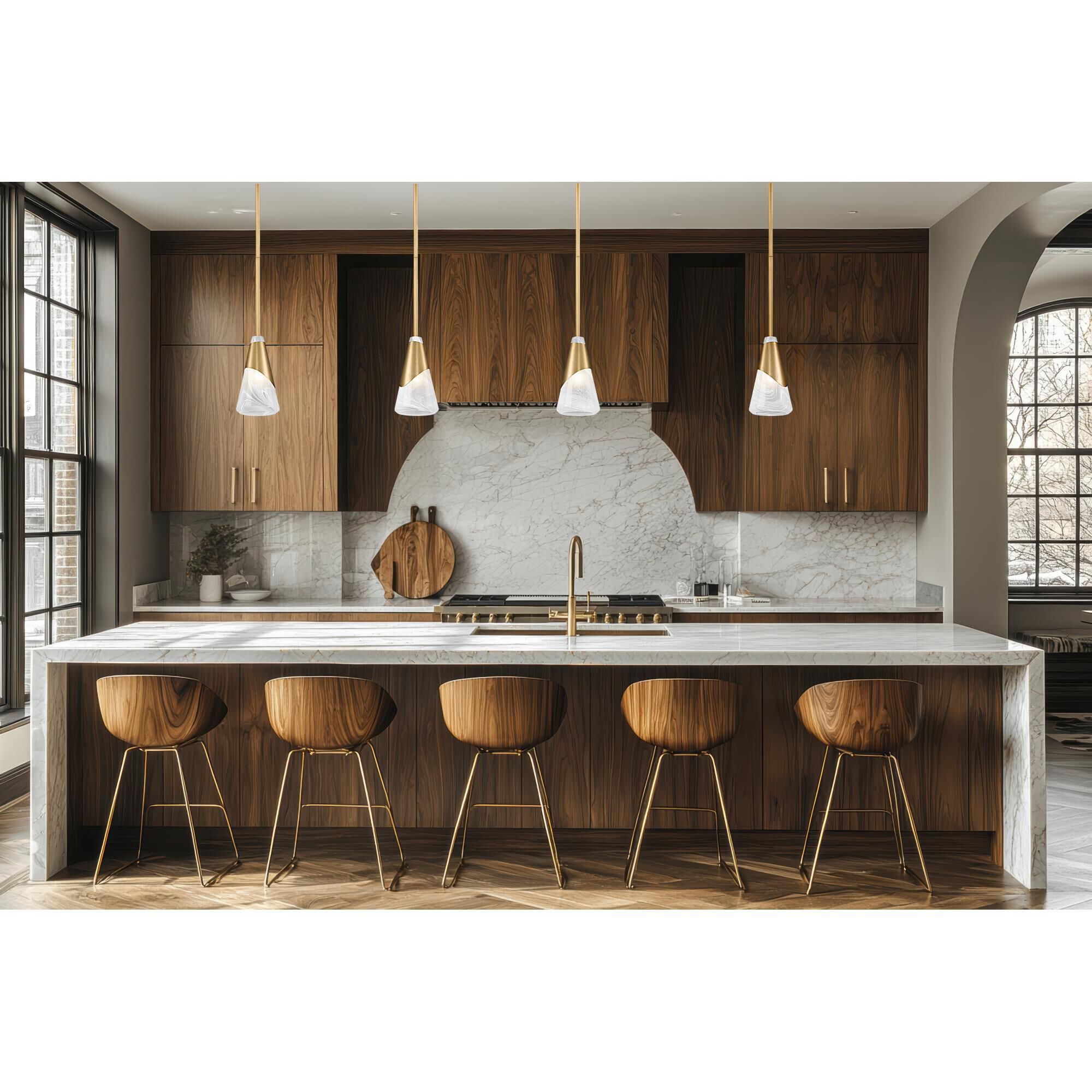 Shown in Modern Gold finish and White Swirl glass and White Swirl shade