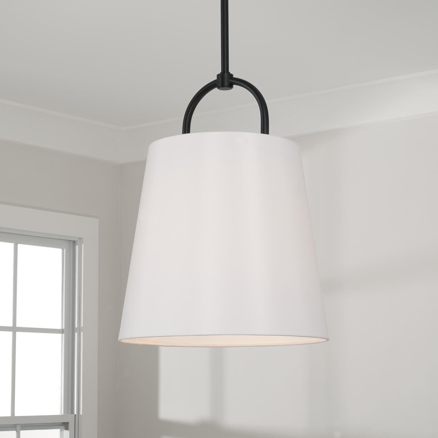 Shown in Matte Black finish and White Fabric shade
