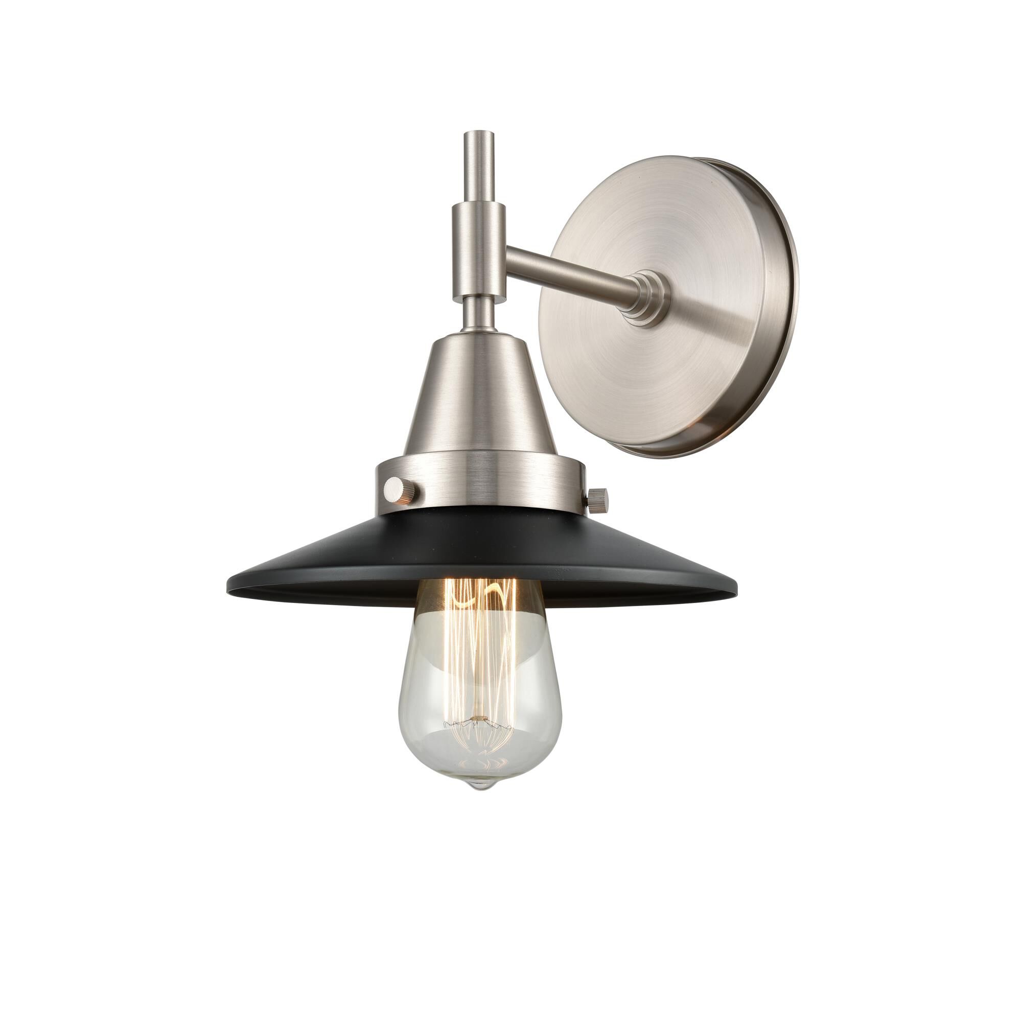 Shown in Satin Nickel finish and Matte Black Railroad shade