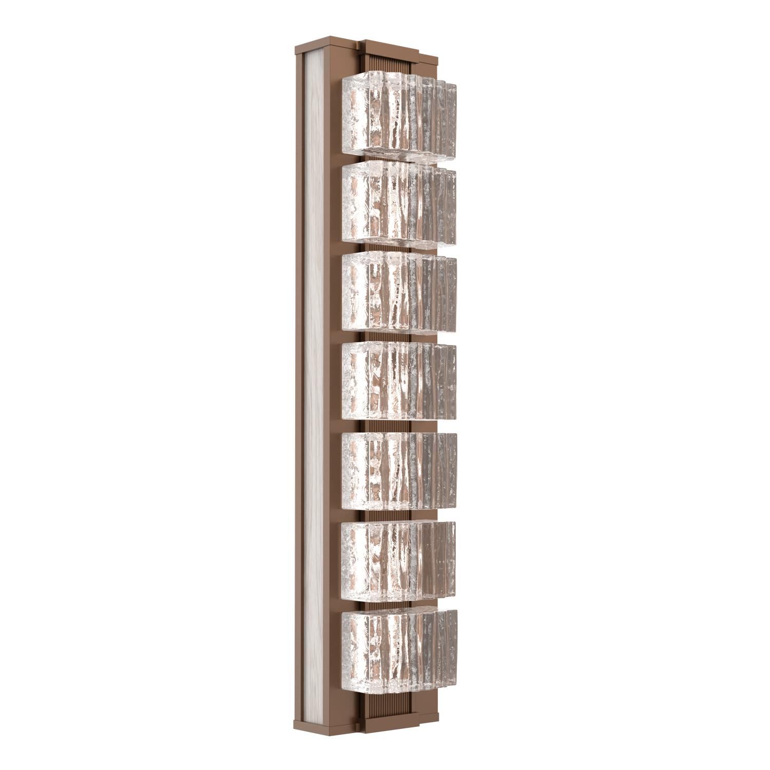 Shown in Burnished Bronze finish and Clear Ribbed glass and Light Oak accent
