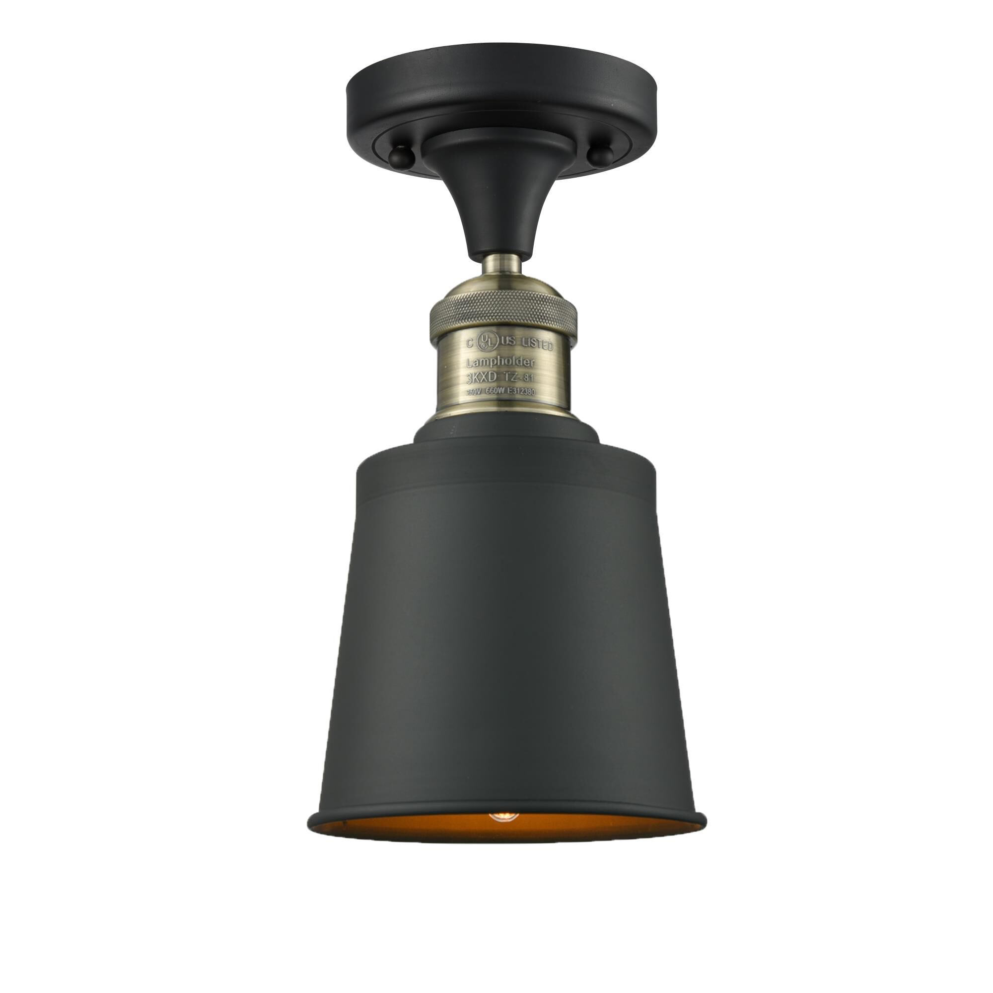 Shown in Black Antique Brass finish and Cone glass and Metal shade