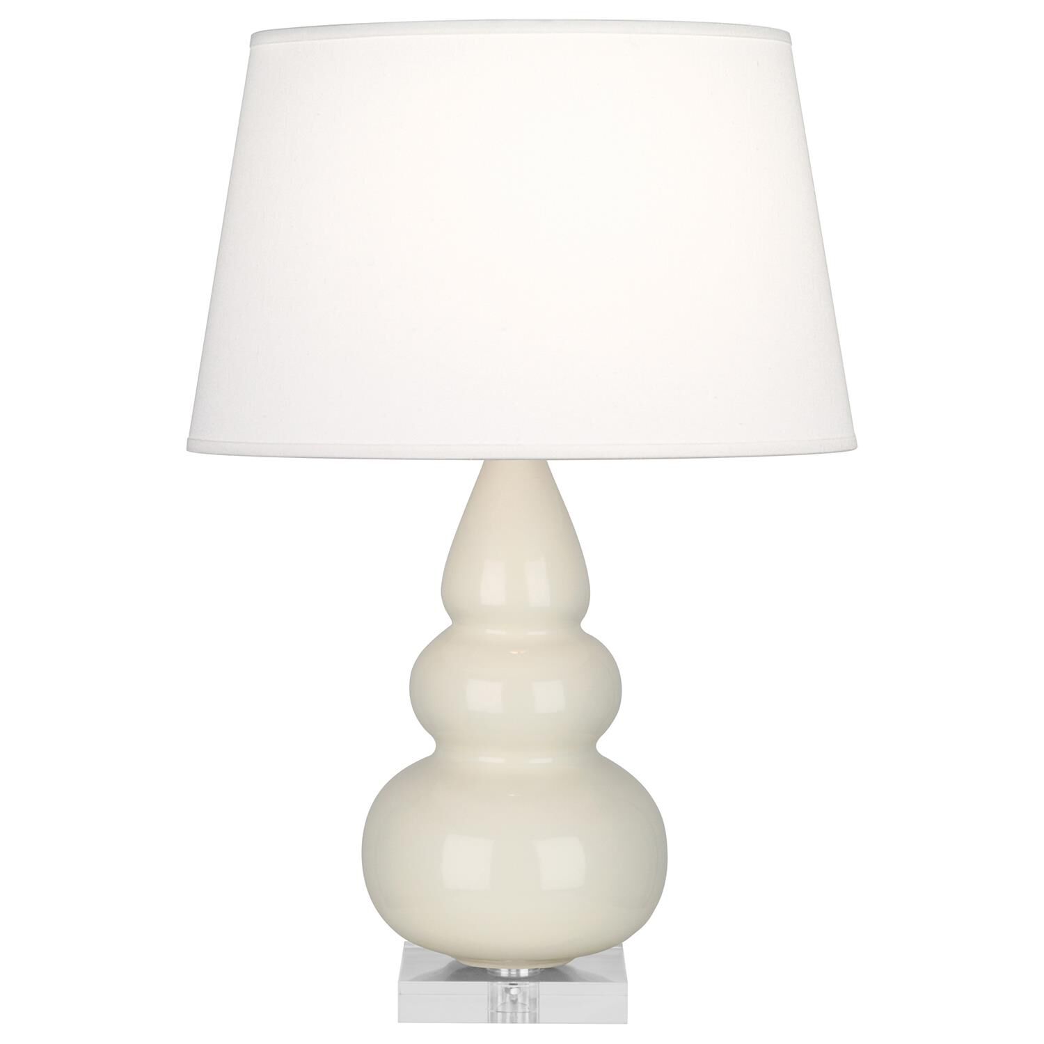 Shown in Bone Glazed Ceramic With Lucite Base finish and Pearl Dupioni Fabric shade