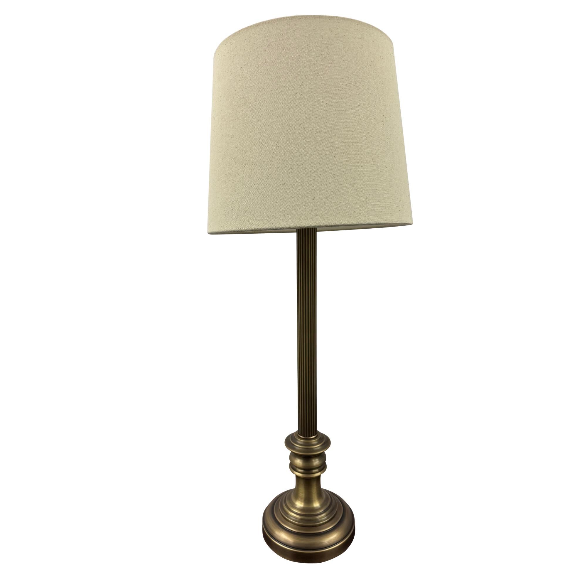 Shown in Mahogany Bronze finish and Off White Linen Hardback shade