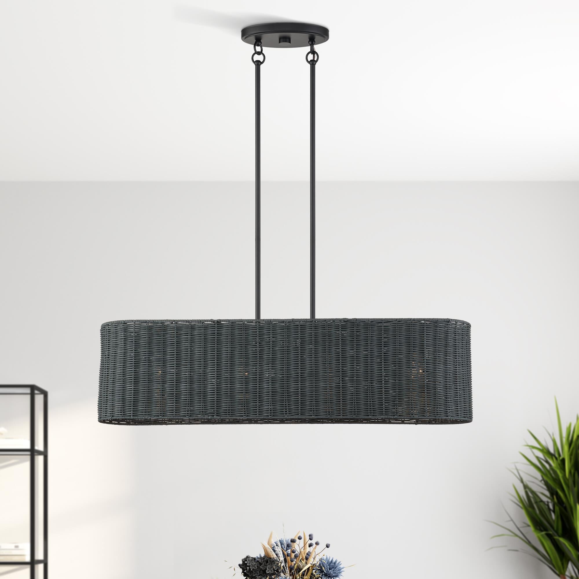 Shown in Black finish and Hand-Woven Charred Gray Color Rattan shade