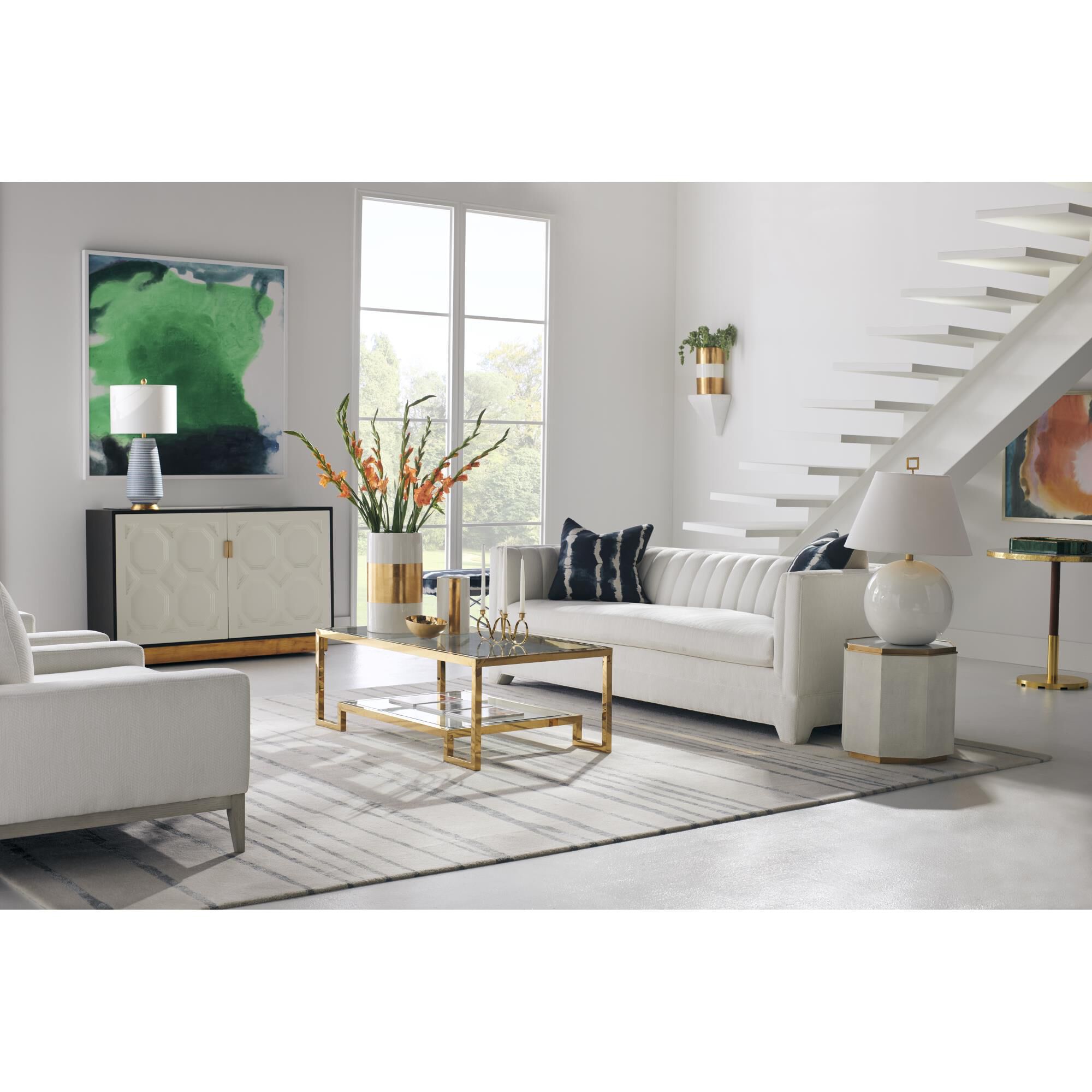 Shown in Matte/Polished Brass finish and Aluminum glass