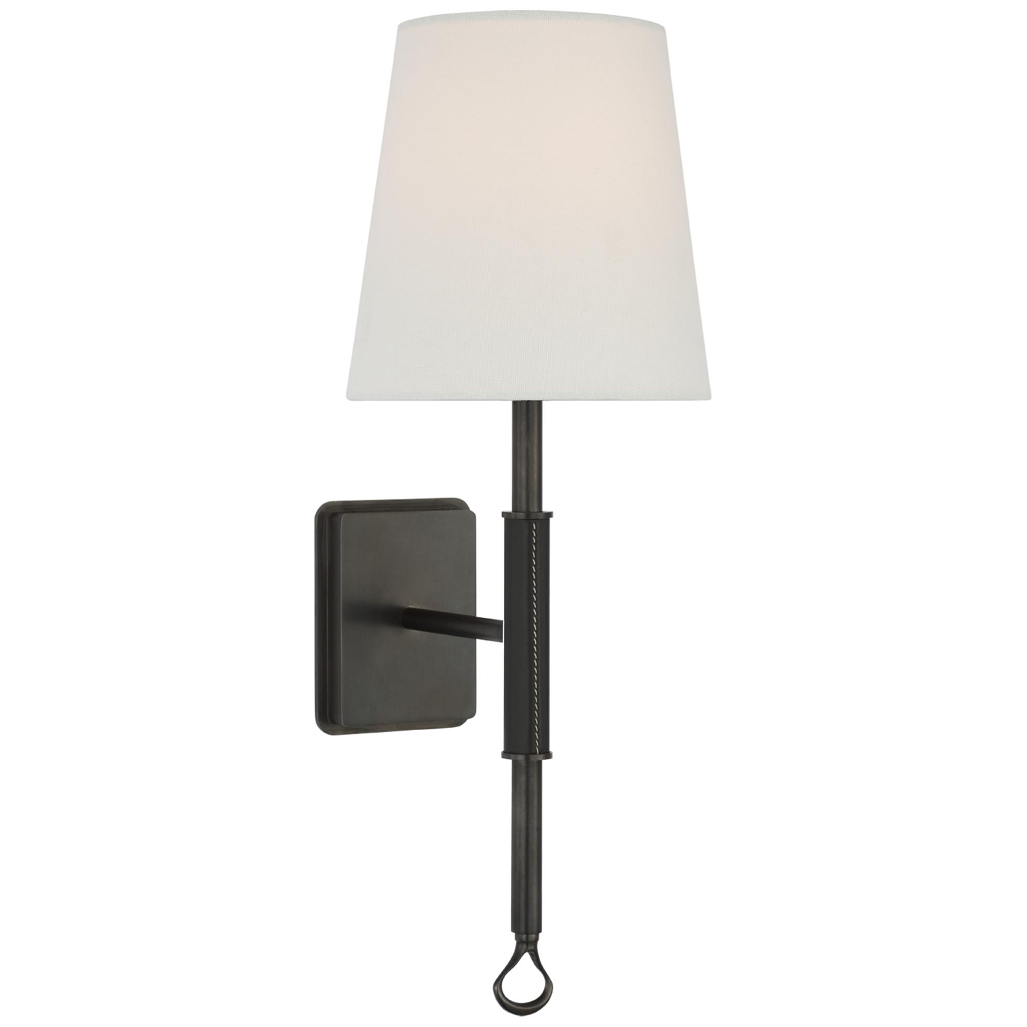 Shown in Bronze and Chocolate Leather finish and Linen shade