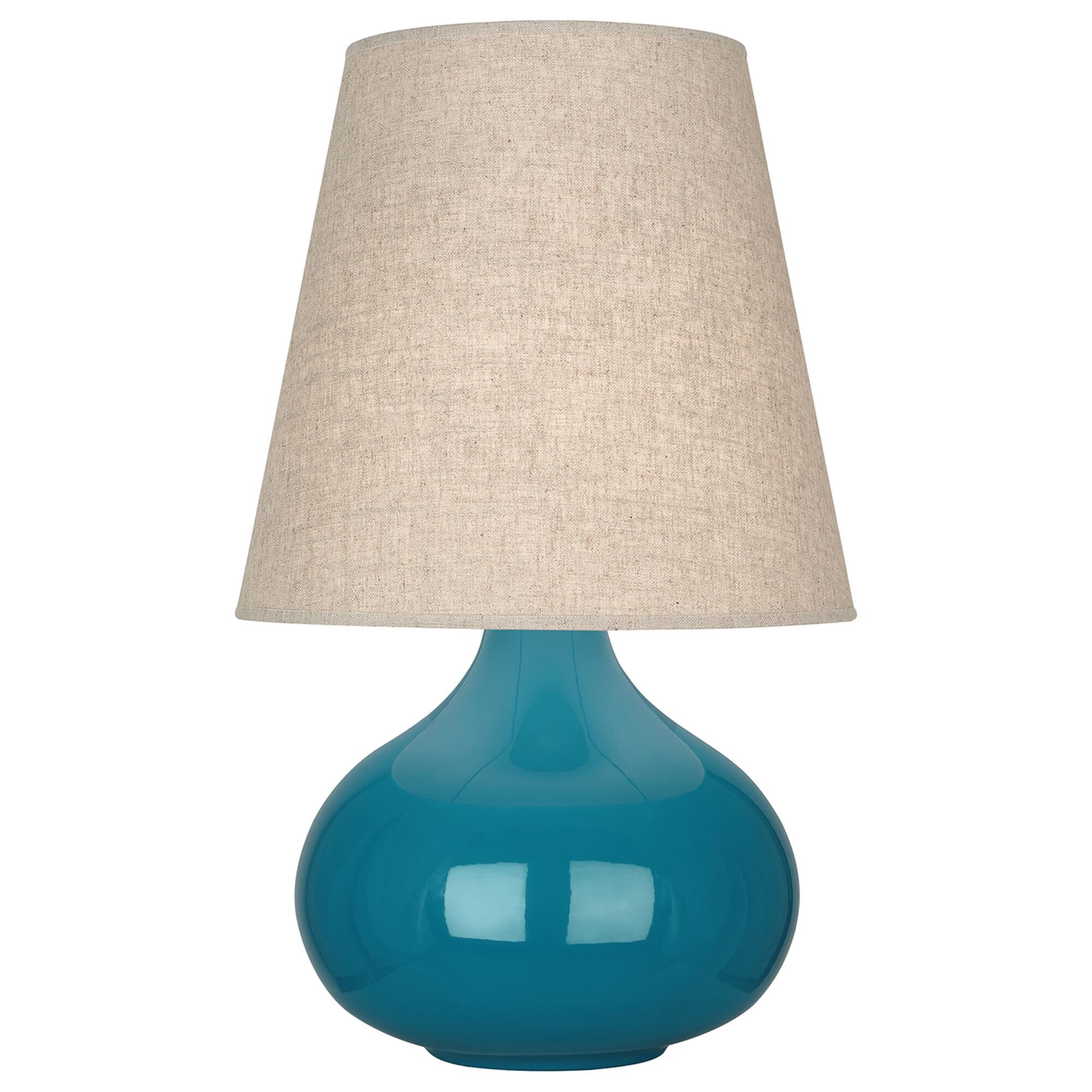 Shown in Peacock Glazed Ceramic finish and Buff Linen shade