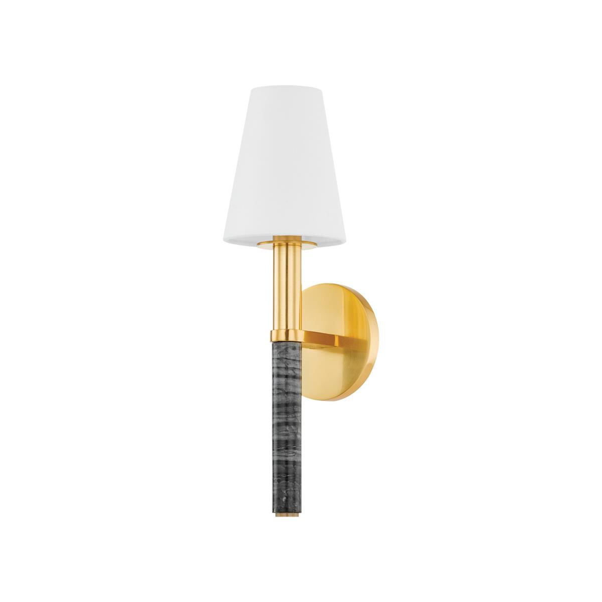 Shown in Aged Brass finish and White Linen shade