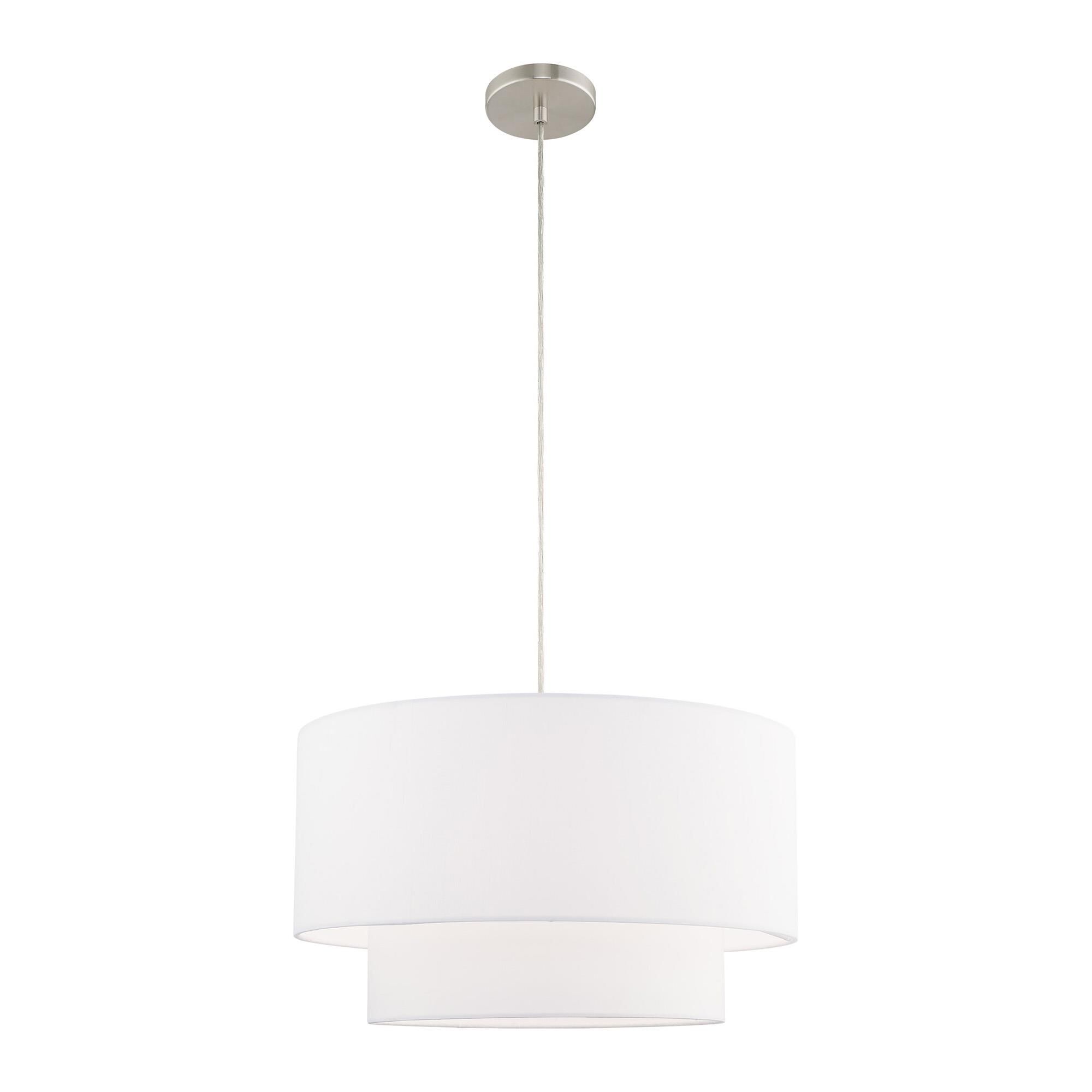 Shown in Brushed Nickel finish and Hand Crafted Off-White Fabric Hardback shade