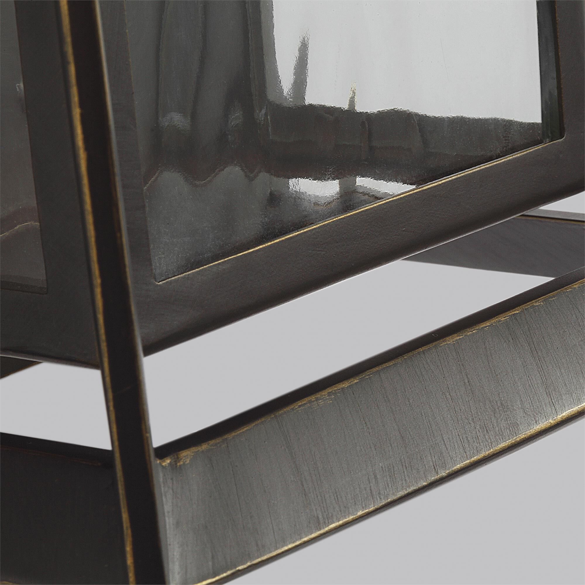 Shown in Antique Bronze finish and Antique Bronze glass and Hand Polished Crystal shade and Black accent