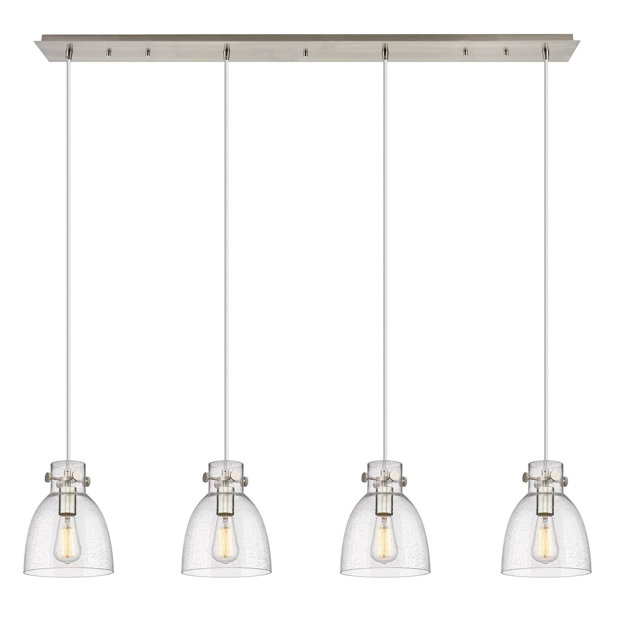 Shown in Brushed Satin Nickel finish and Seedy glass and Seedy Glass shade
