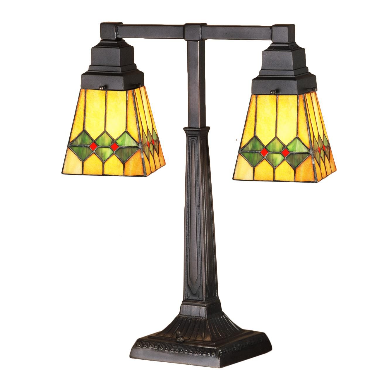Shown in Mahogany Bronze finish and Olive Green-Pimento Red-Honey Amber glass