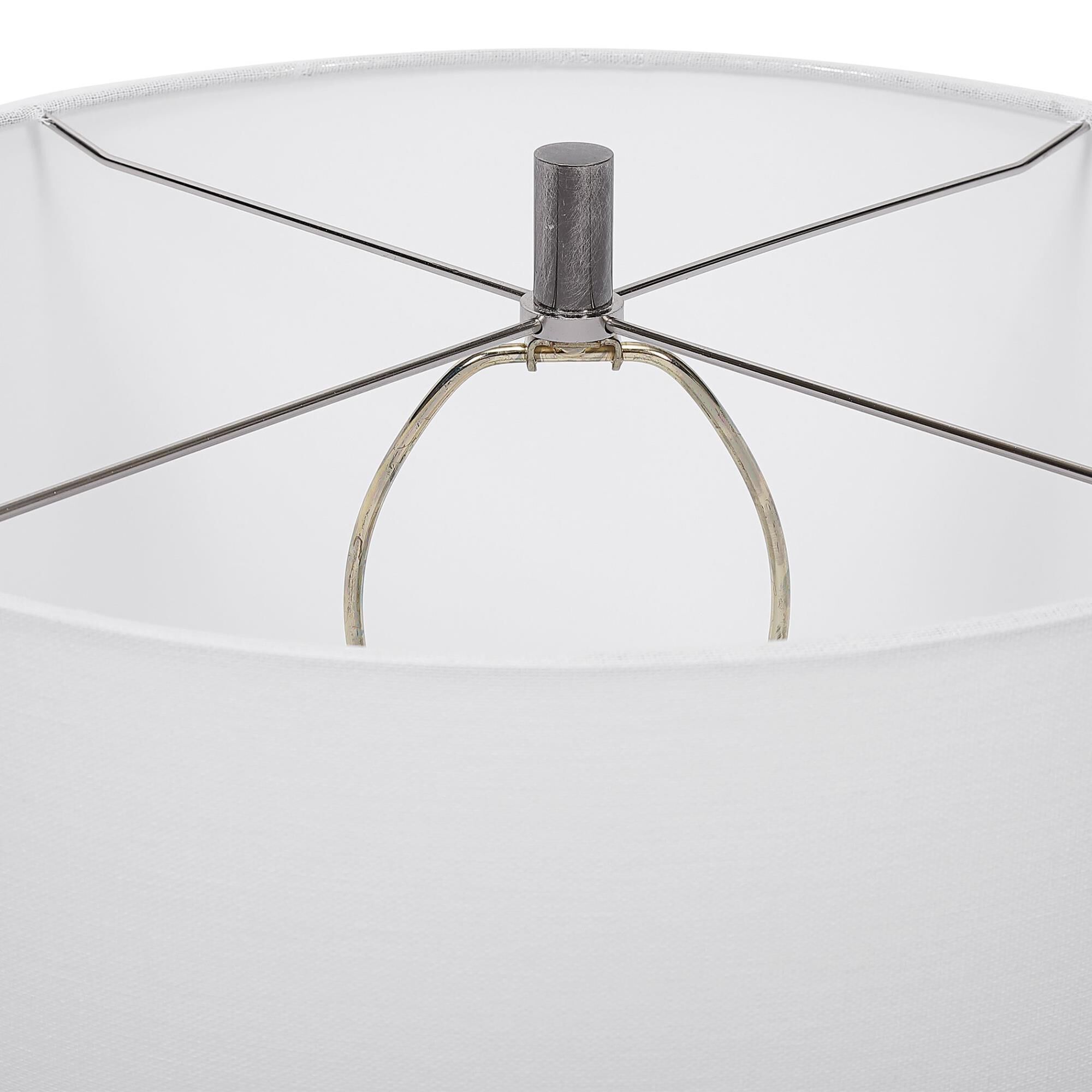 Shown in Brushed Nickel finish and White Hardback Drum shade