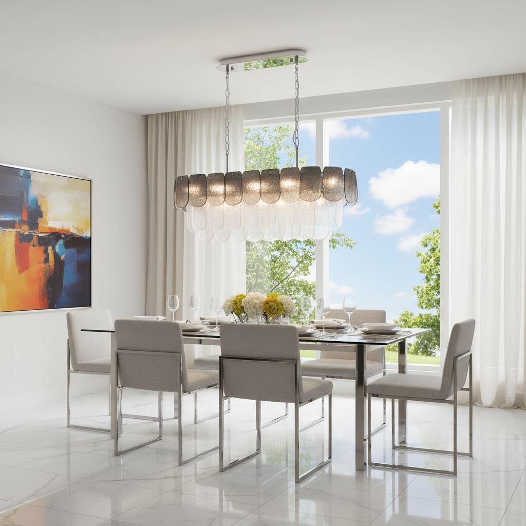 Shown in Polished Nickel and Crystalline Smoke finish and Piastra glass