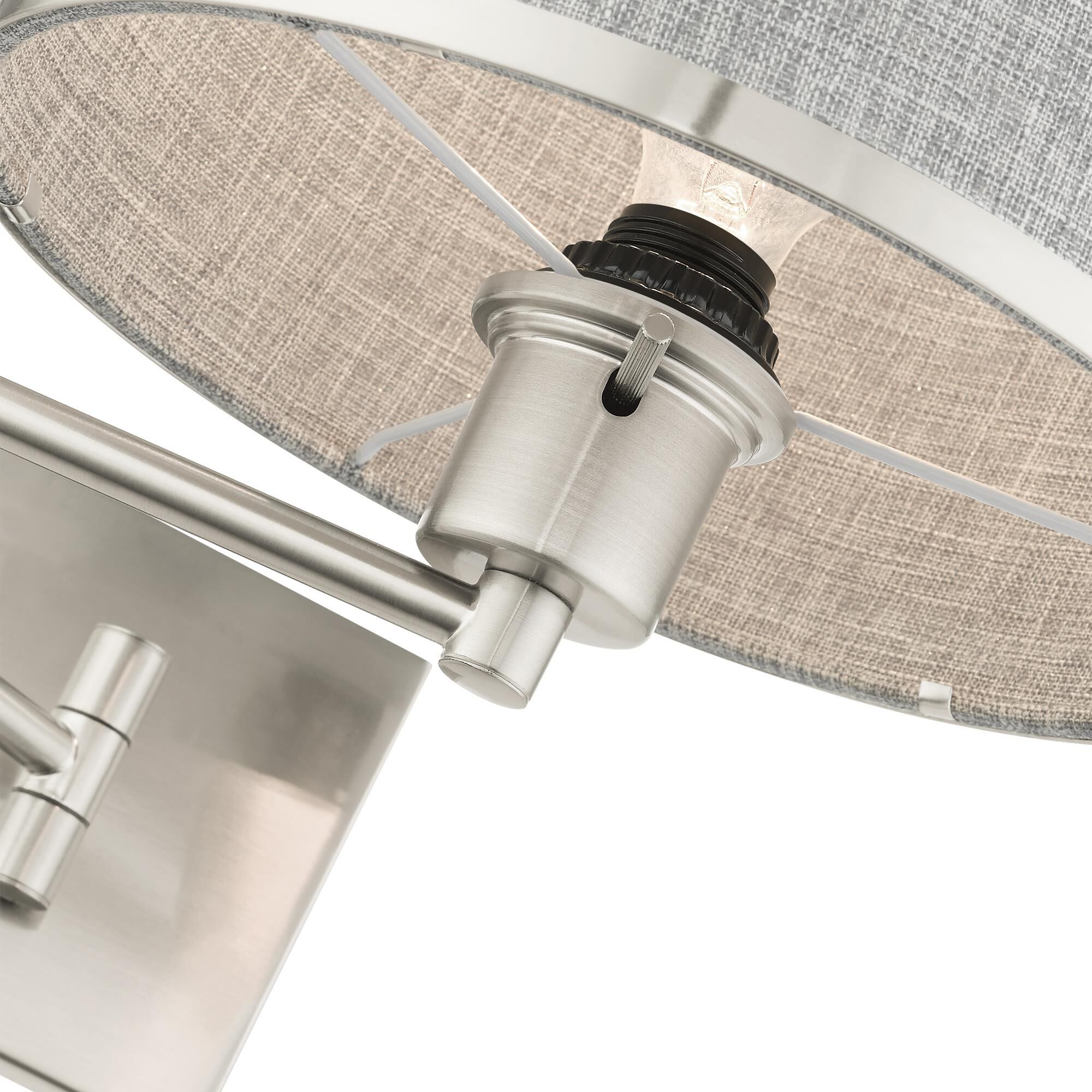 Shown in Brushed Nickel finish and Hand Crafted Hardback  Completely Finished With Grey Color Fabric Outside and Inside shade