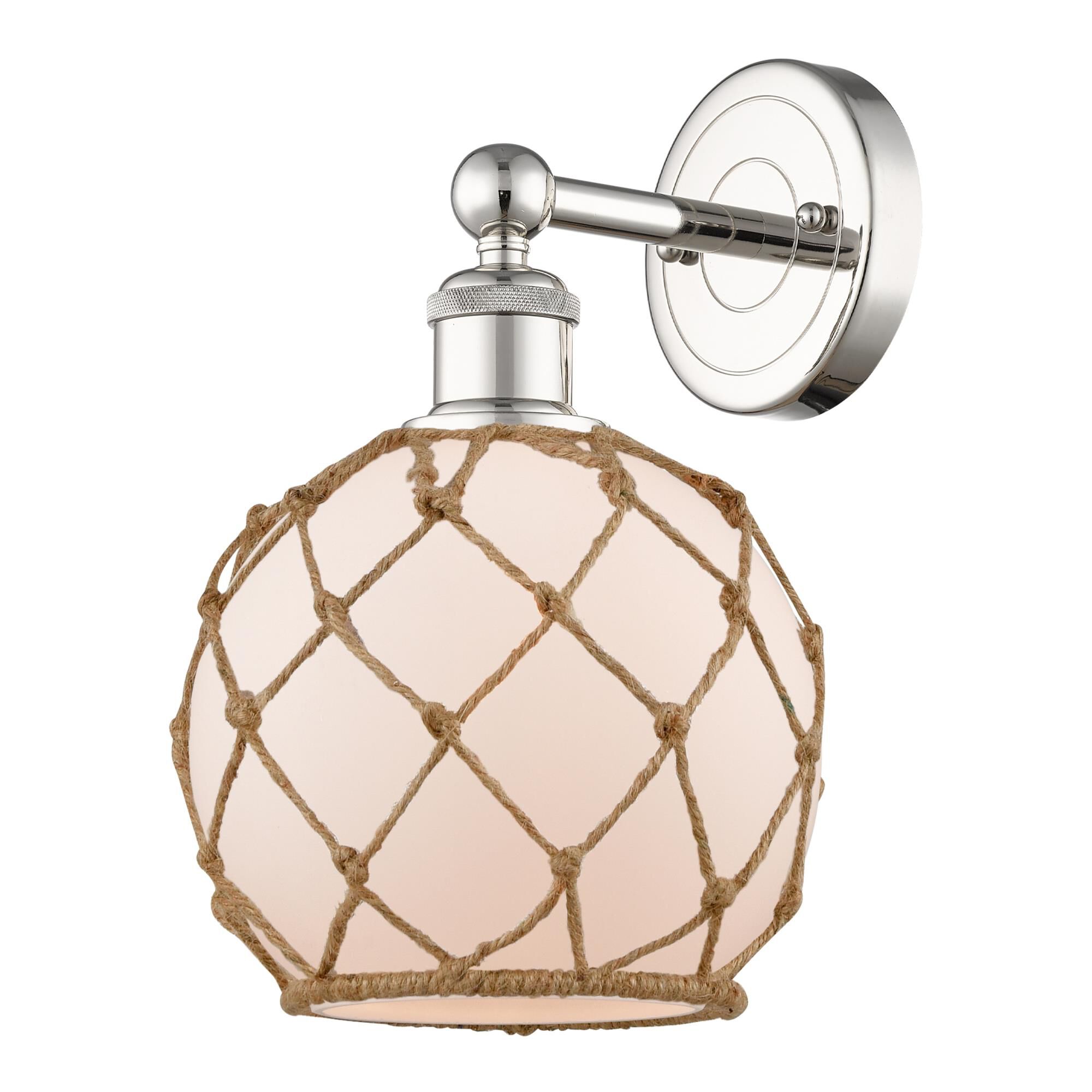 Shown in Polished Nickel finish and White with Brown Rope glass