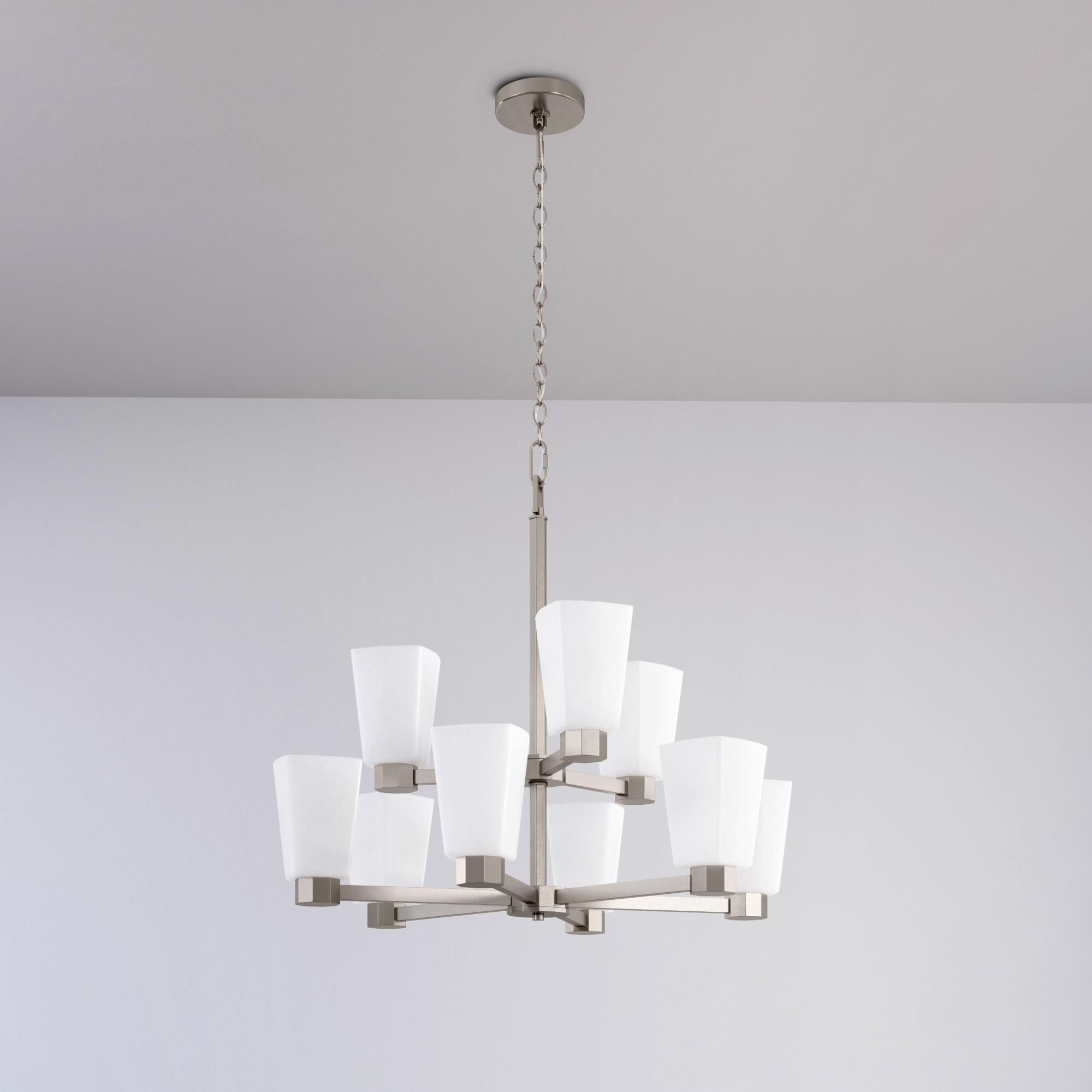 Shown in Brushed Nickel finish and Frosted White glass