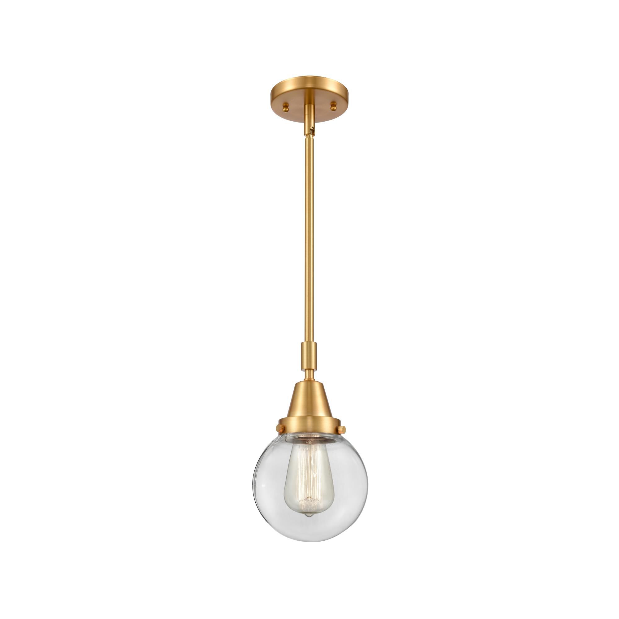 Shown in Satin Gold finish and Clear Beacon glass