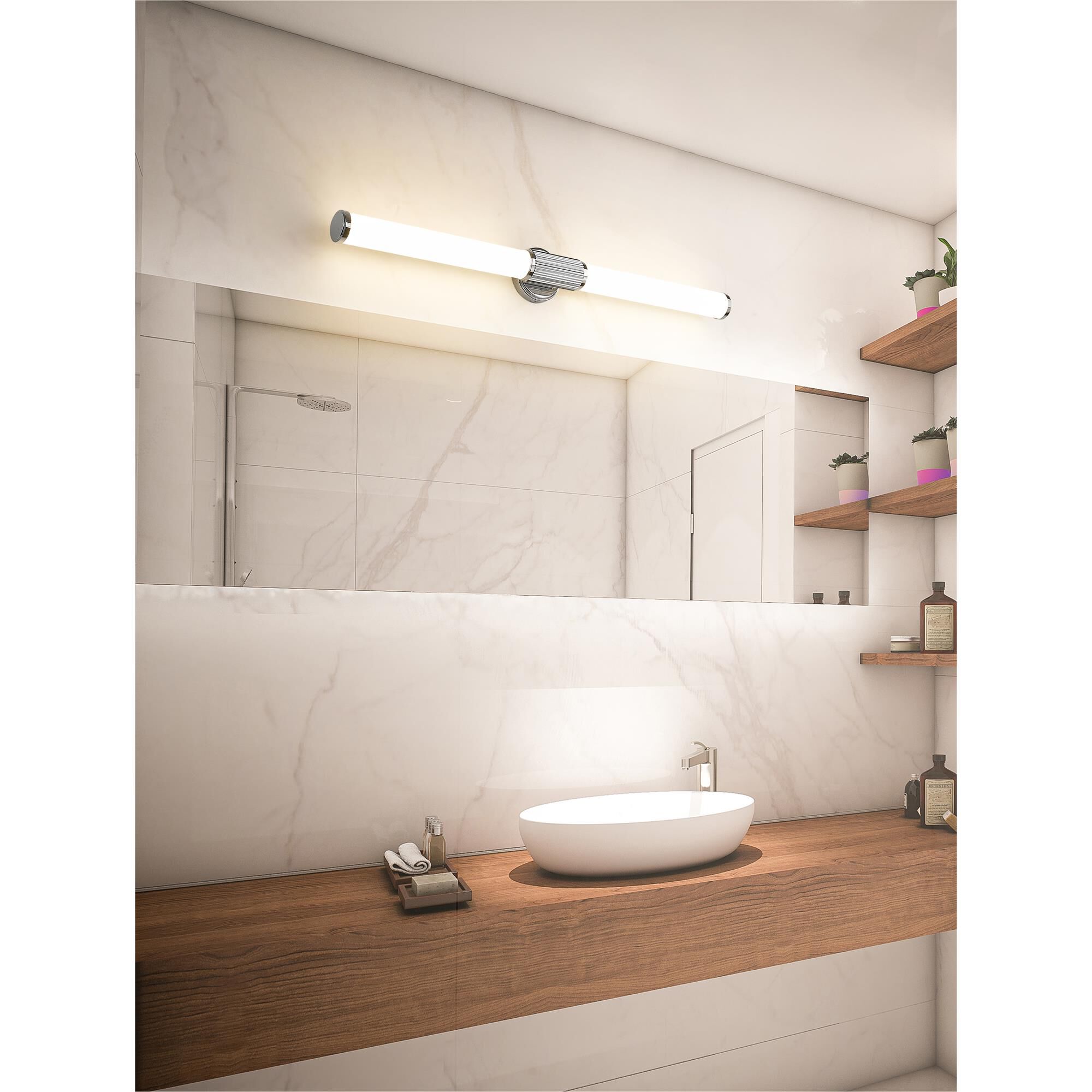 Shown in Chrome finish and Opal White glass and Opal White shade