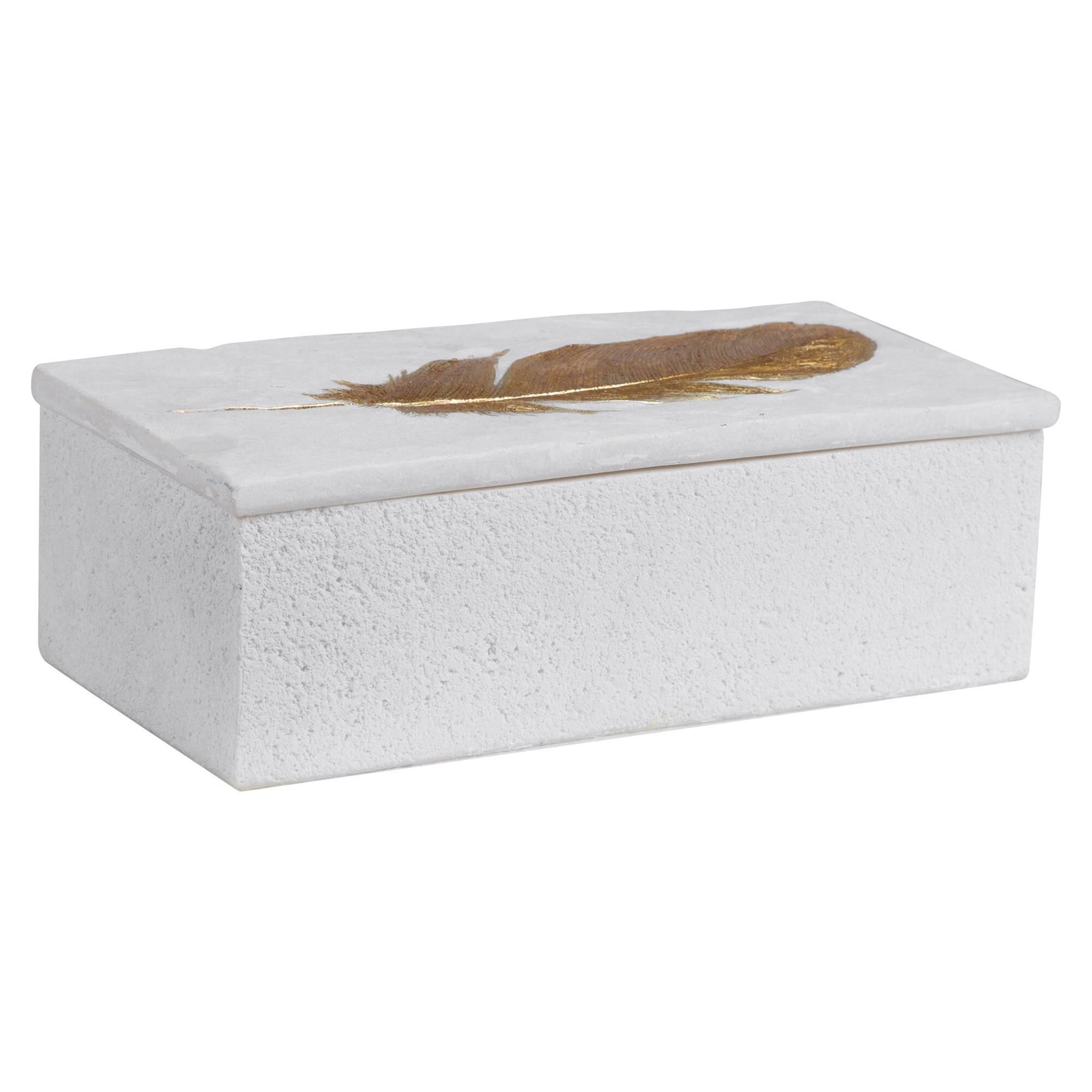 Shown in Decorative Box Has An Aged White Stone Look With An Etched Gold Leaf Feather Accent And Lift-Off Lid finish
