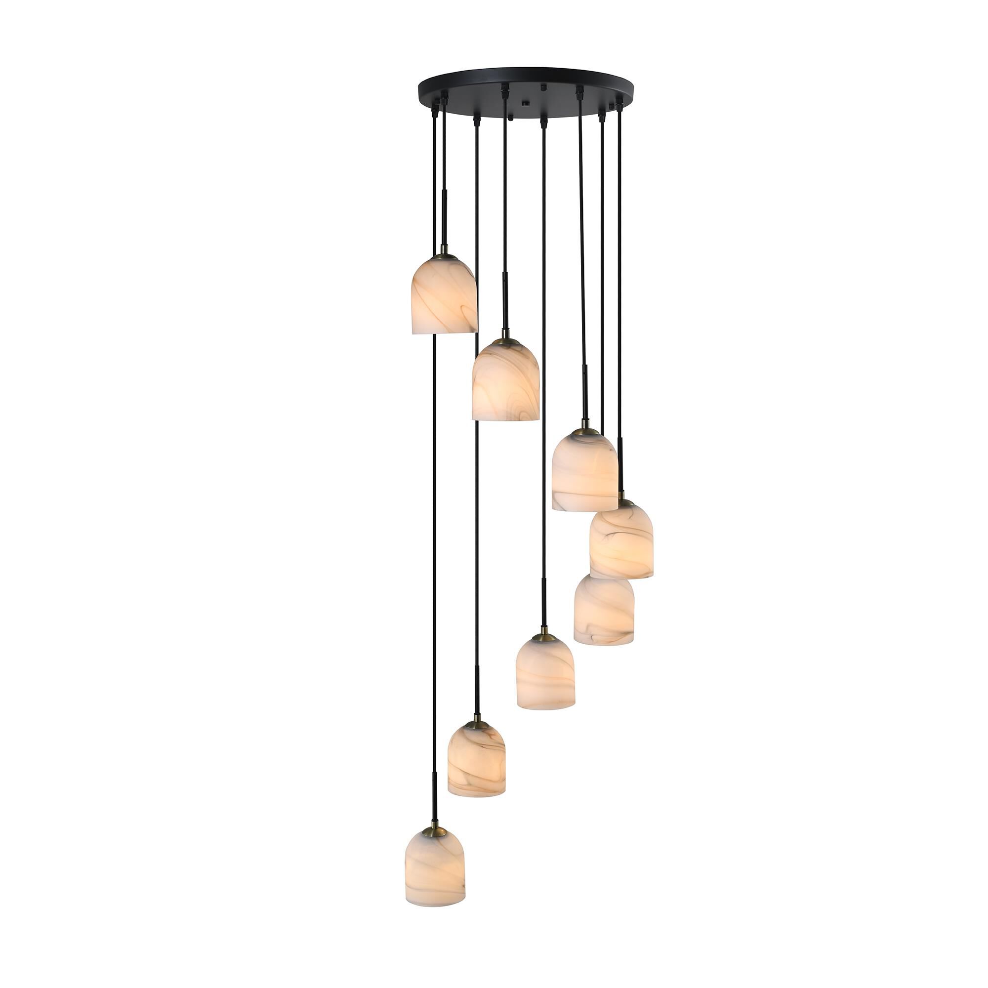 Shown in Black and Brushed Brass finish and Alabaster Style glass