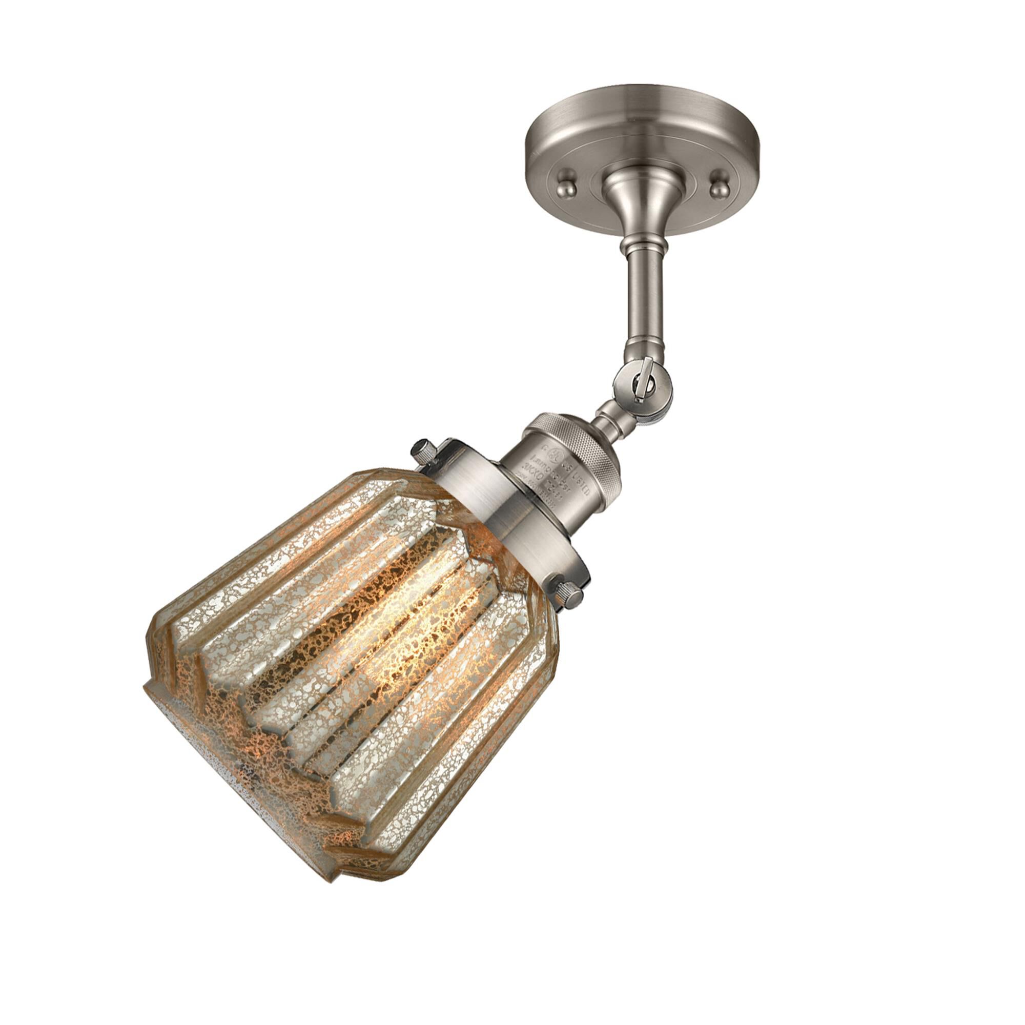 Shown in Brushed Satin Nickel finish and Mercury Fluted glass and None accent