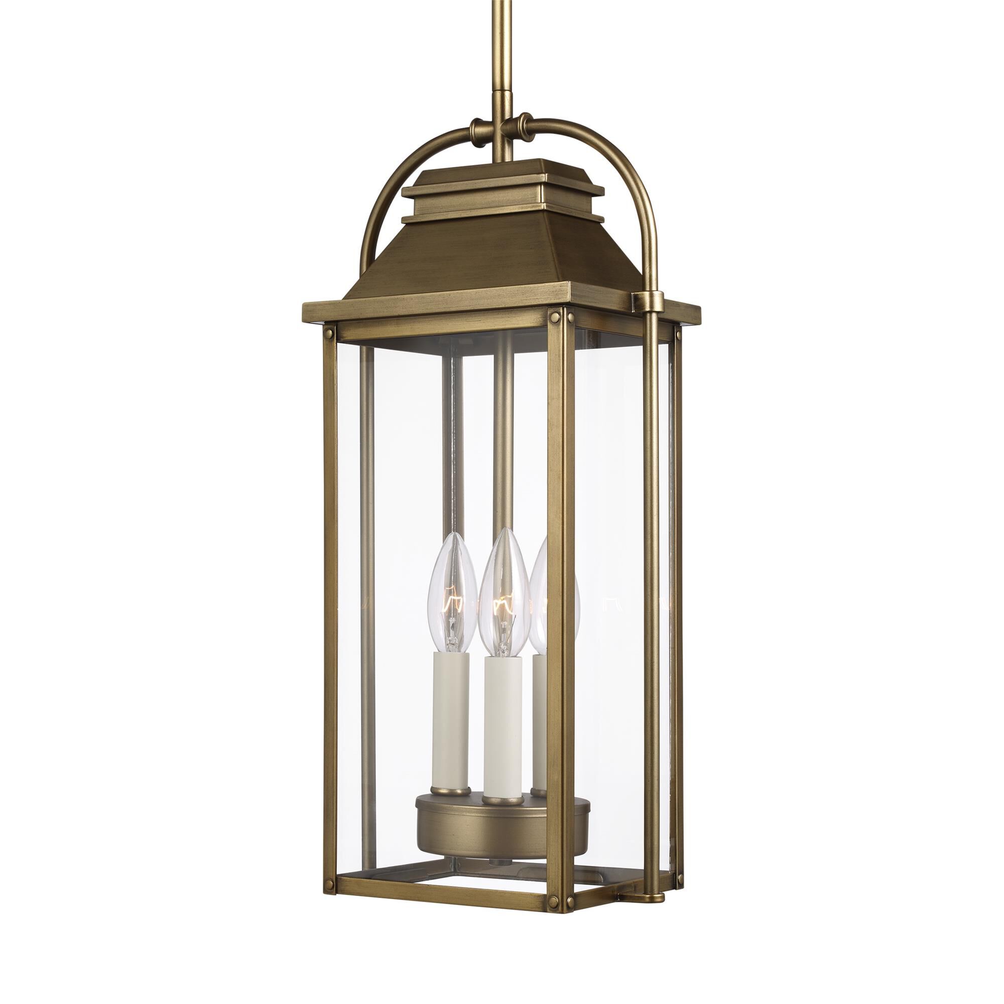 Shown in Painted Distressed Brass finish and Clear Panels glass