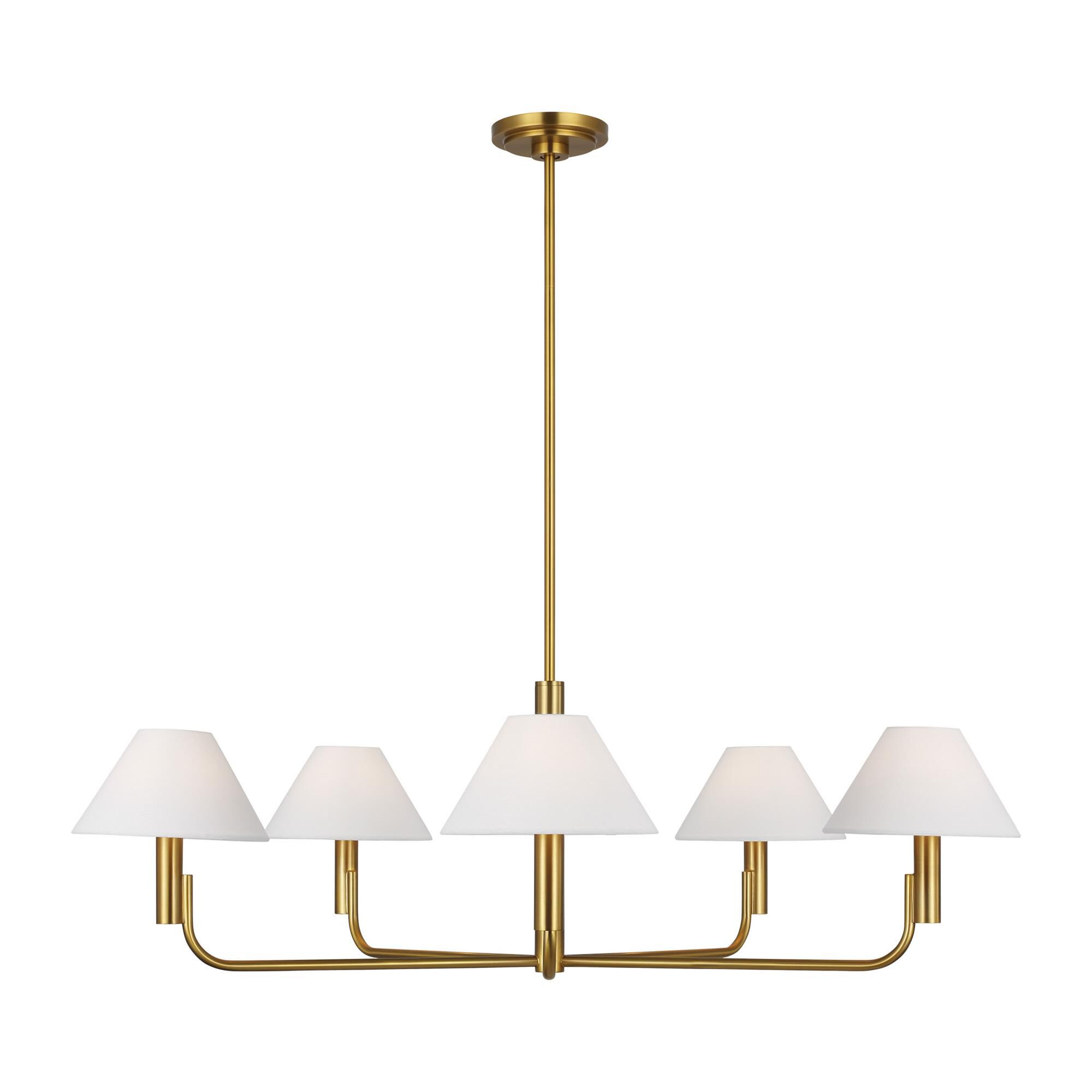 Shown in Burnished Brass finish and White Linen shade