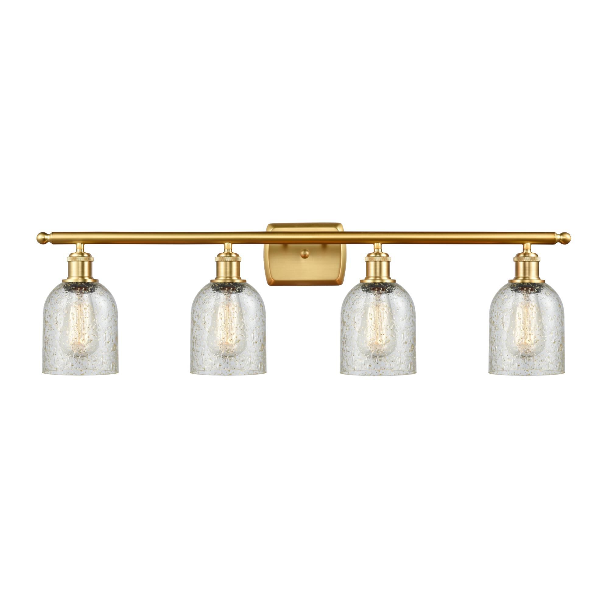 Shown in Satin Gold finish and Mica Caledonia glass and Polished Chrome accent